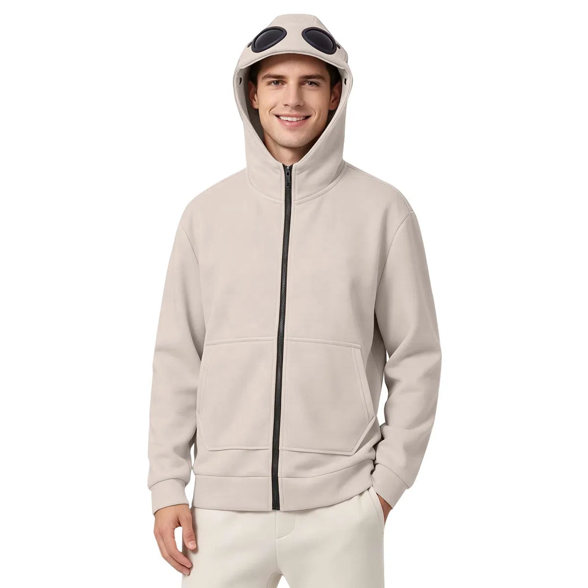 Chaqueta con capucha para hombre con gafas de piloto integradas en la capucha, sudadera transpirable con cremallera, sudadera de manga larga con bolsillo canguro, chaqueta de entretiempo resistente al