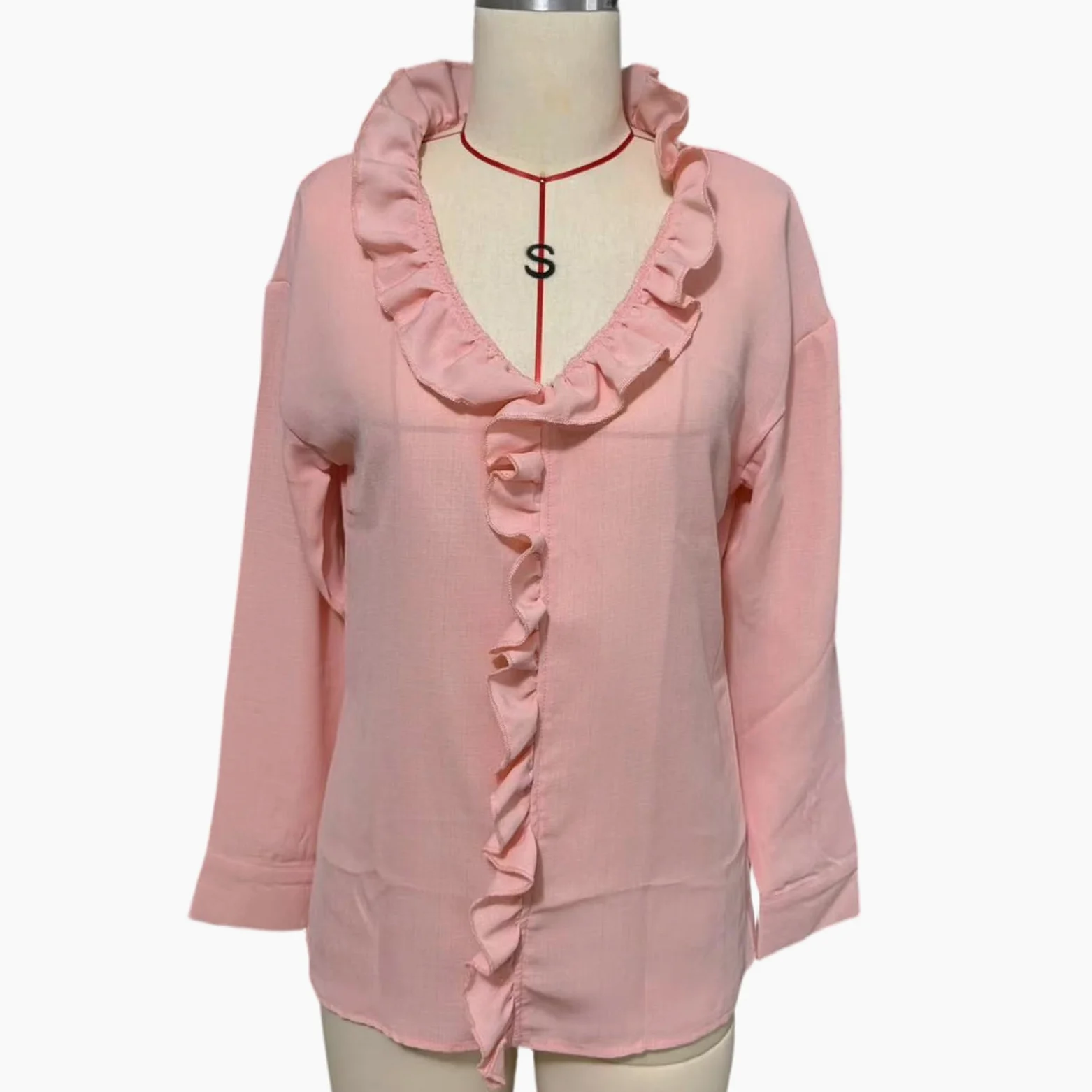 Camisa de manga larga con cuello en V y volantes para mujer, casual, ajuste holgado, para negocios, oficina, trabajo, camisa de trabajo de manga larga con cuello en V