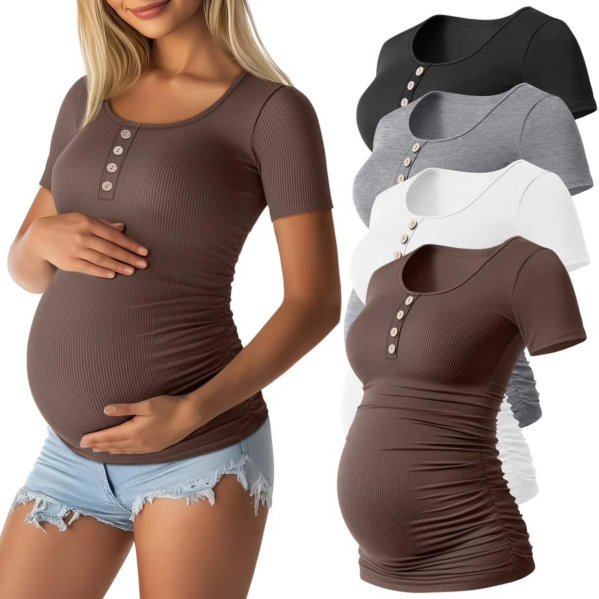 Xuniea Paquete de 4 Camisetas de Maternidad para Mujer, Manga Corta, Algodón Acanalado, Estilo Henley, con Fruncido Lateral