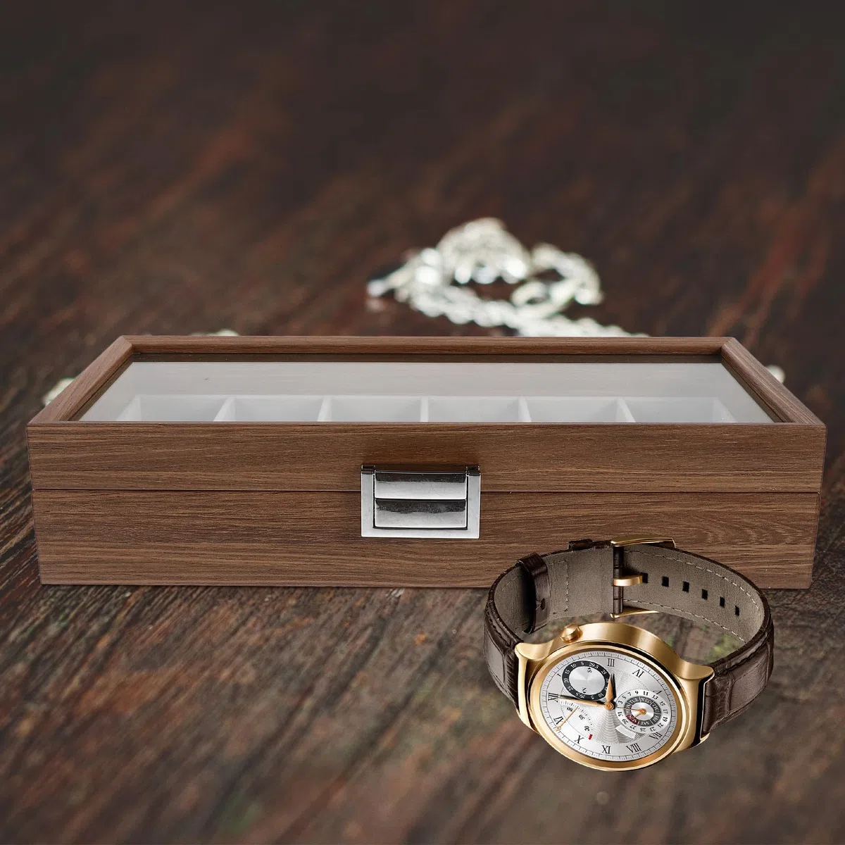 Caja de Exhibición para Relojes de 6 Ranuras en Madera | Tapa Transparente, Acabado Veteado Tipo Nogal, para Hogar o Joyería, Organiza y Protege Piezas