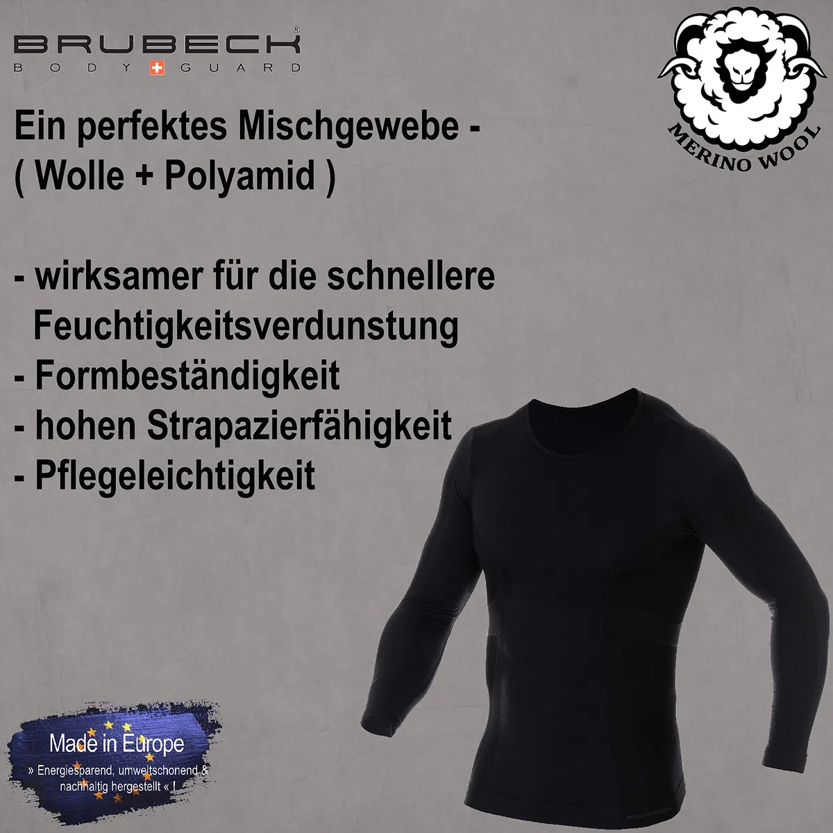BRUBECK LS11600 - Camiseta de Manga Larga para Hombre, Transpirable, térmica, Deportes de Invierno, Exterior, Camiseta Interior Funcional, 41% Lana de Merino