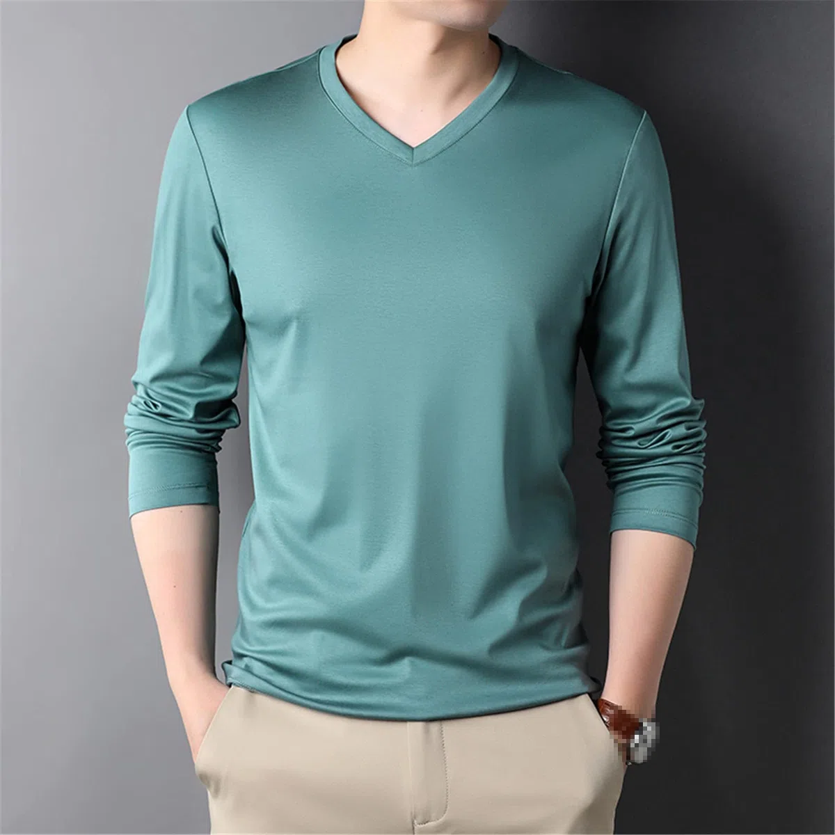 Moda cuello en V Color sólido algodón suave camiseta hombres manga larga Tops casual ropa para hombre, azul, XXL