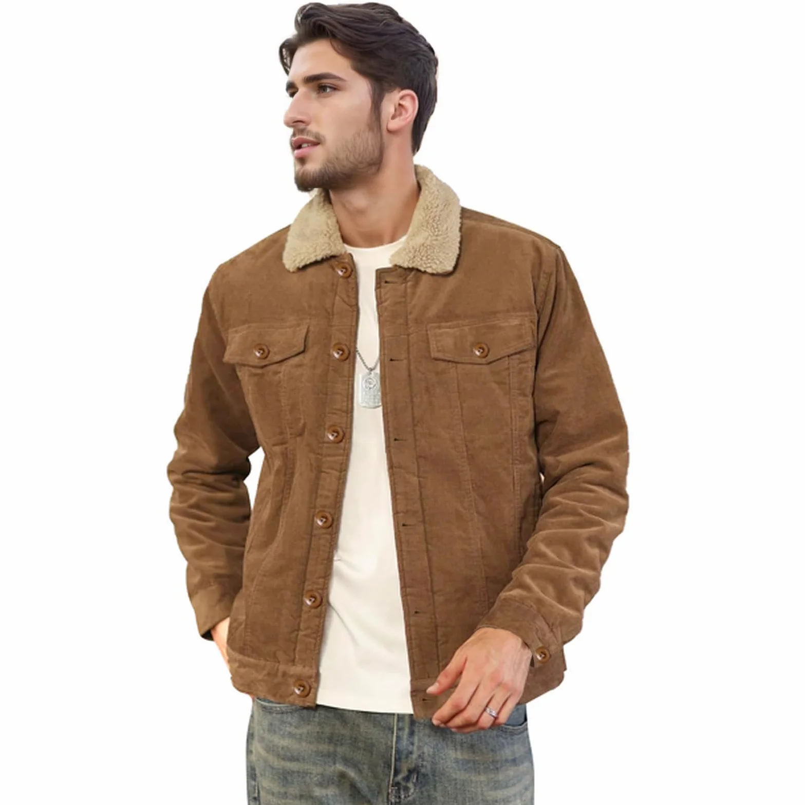 Hombre Chaqueta Cargo Pana con Forro de Polar, Chaqueta de Camionero Cálida, Chaqueta Cortavientos Militar Invierno con Cuello Vuelto