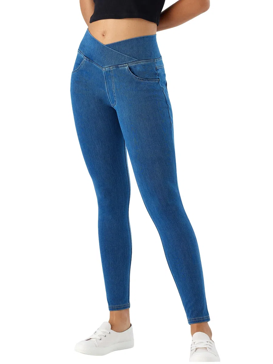 LaiEr V Cruzada de Cintura Mujer Skinny Jeans Alta Barriga Casual Fitness Leggings, Soft Stretch Casual Faux Denim Print Laterales Adecuado para Deportes y Ocio,con Bolsillos