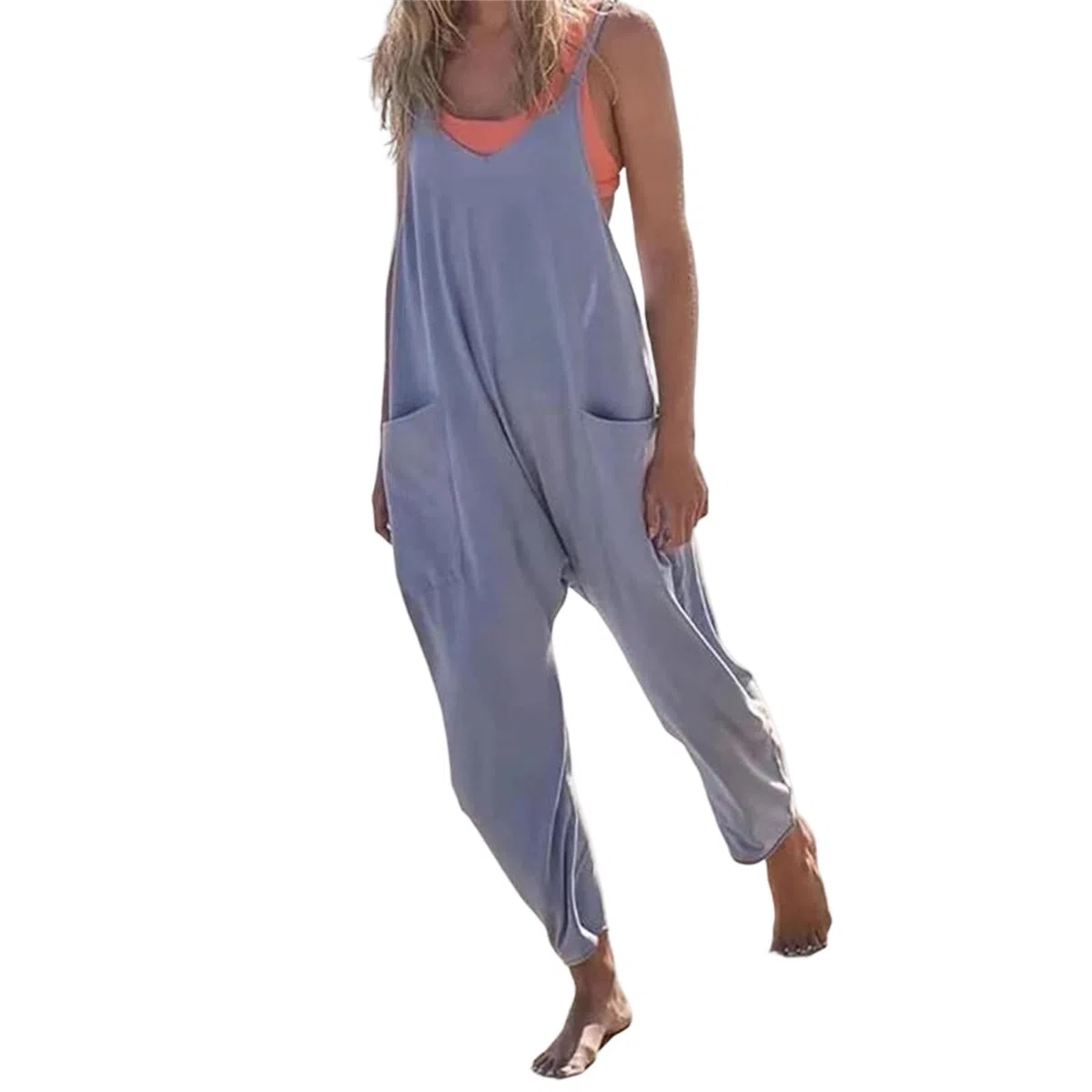 Yeuyyben Overol de verano para mujer, con tirantes delgados, sin mangas, pierna ancha, casual, ajuste holgado, color liso, overol de gran tamaño