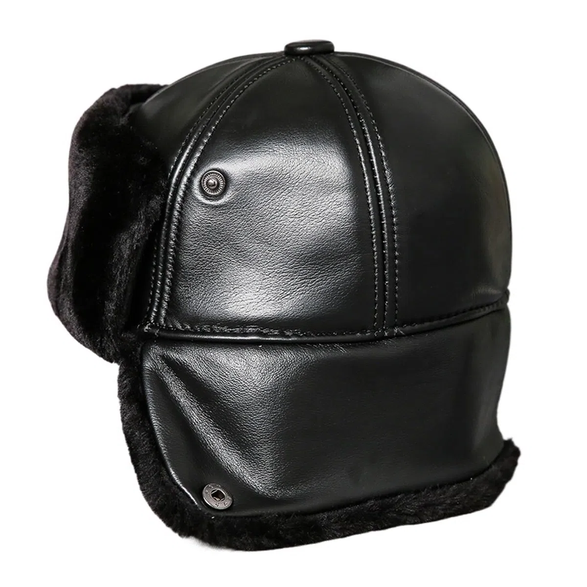 Gorro de 100% de Piel auténtica for Hombre de Mediana Edad, Gorro Acolchado de algodón cálido for Invierno, Orejeras de Piel de Oveja, Lana y Cuero