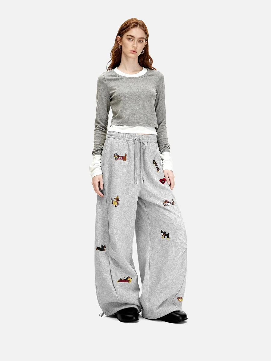 Aelfric Eden Pantalones de chándal holgados para hombre y mujer, diseño de perro salchicha, pantalones de algodón con cordón, pantalones de ocio Y2K Streetwear con bolsillos