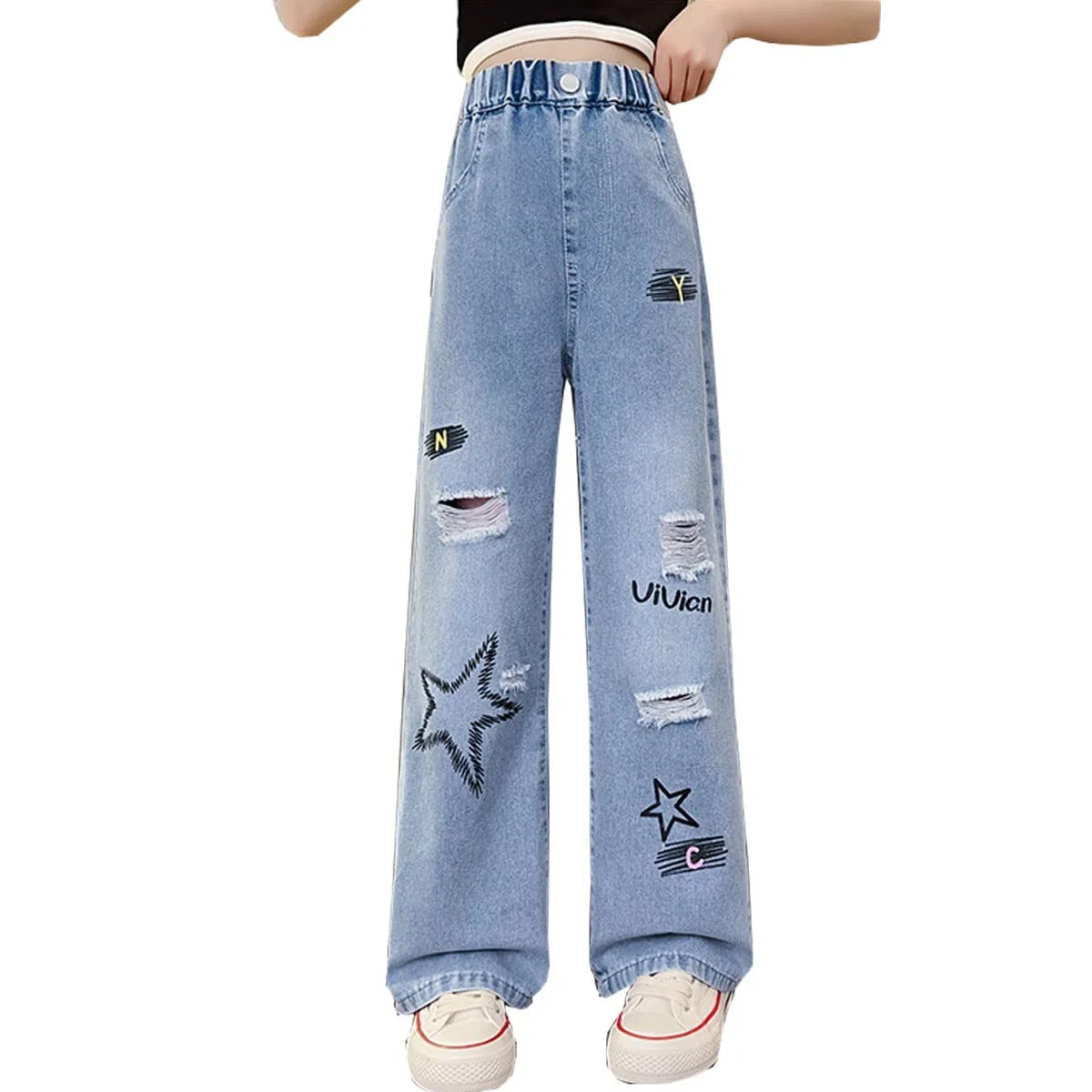Jeans rasgados para niñas y niñas, cintura elástica, pierna ancha, holgados, talla 5-14 años