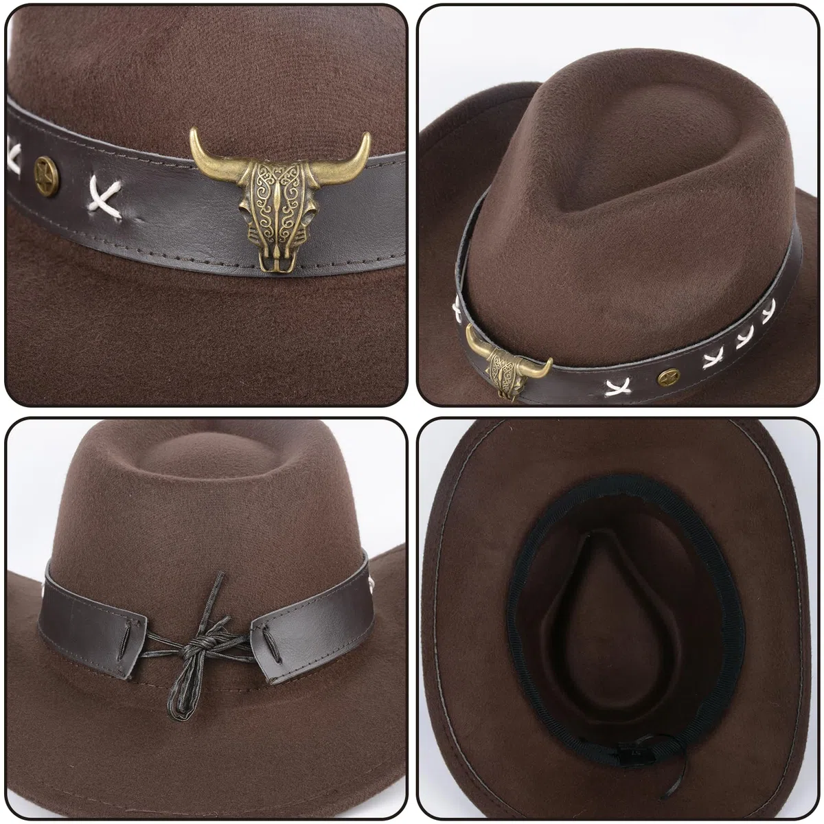 Sombrero de vaquero vintage occidental con banda de cuero para la cabeza de toro, fieltro de lana, ala ancha, elegante sombrero de vaquero para hombres y mujeres, elegante, transpirable, protección