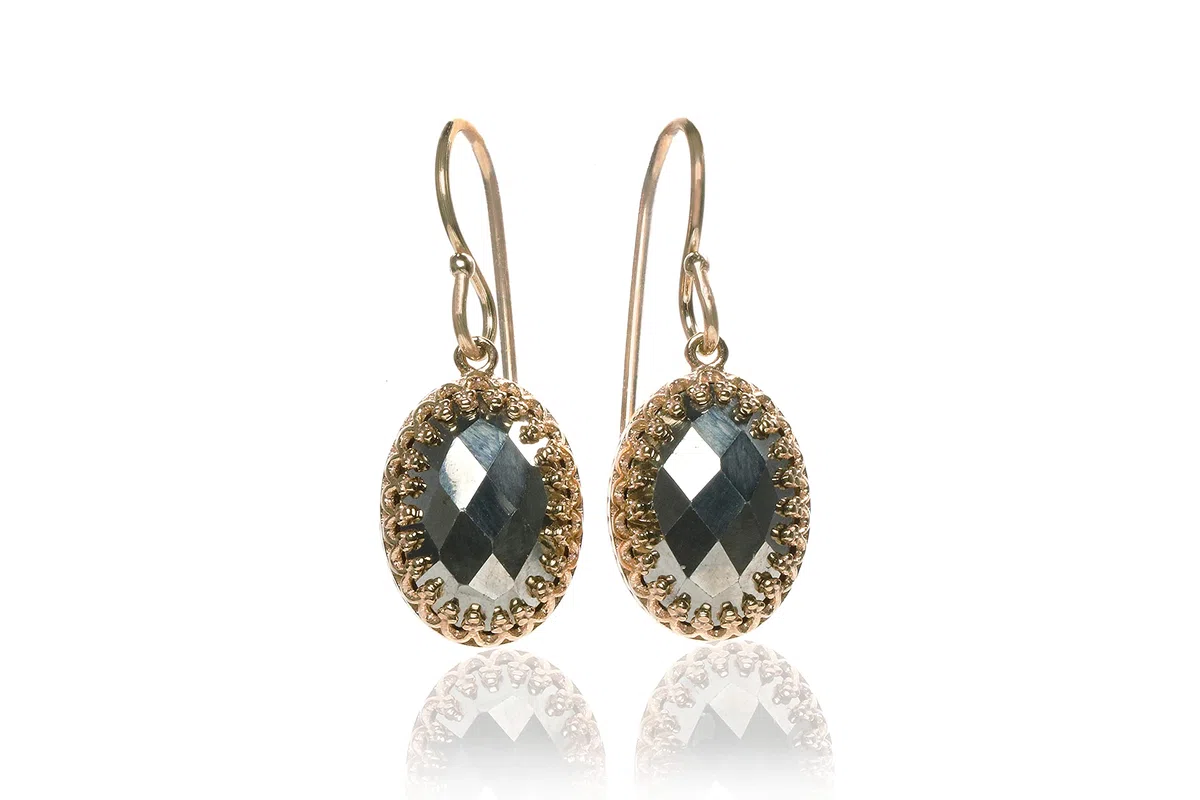 Pendientes de Cristal de Pirita - Pendientes Ovalados de Piedra Natural, Pendientes de Moda, Pendientes para Todos los Días - Pendientes de Oro Intrincados con Caja de Joyería - Elija su Material