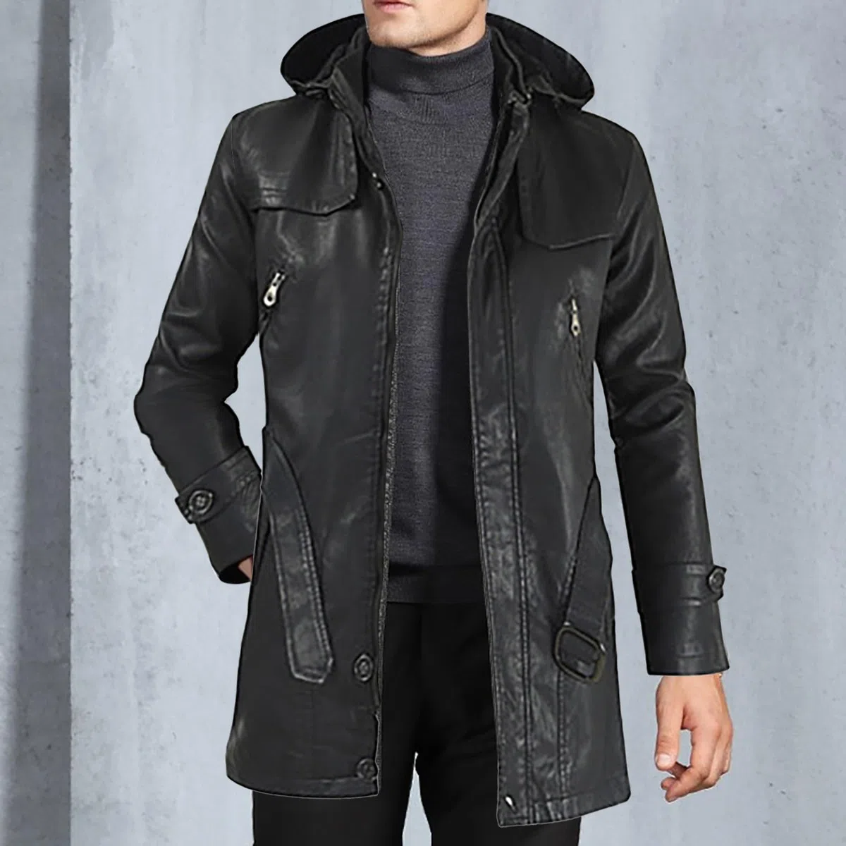 Chaqueta de cuero para hombre, abrigo largo de 3/4 de largo con capucha desmontable, chaqueta parka larga negra, gabardina negra para hombre, abrigo con capucha de safari resistente al viento, abrigo