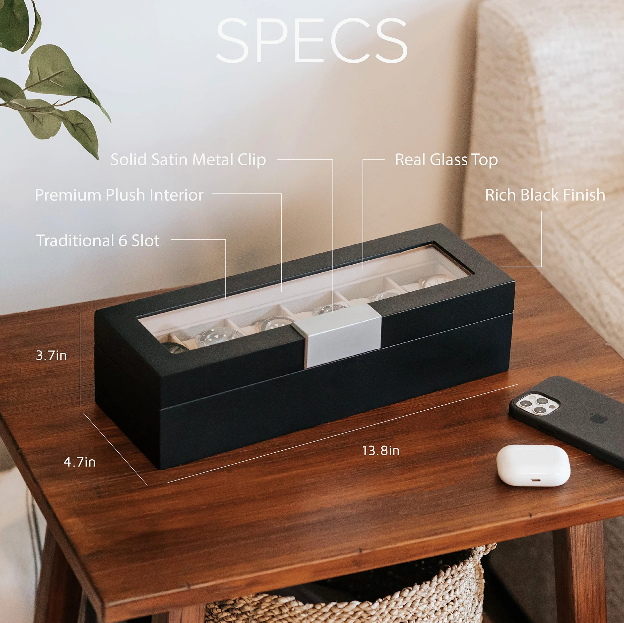 CASE ELEGANCE - Caja de reloj de madera con clip de metal y cristal auténtico, color negro