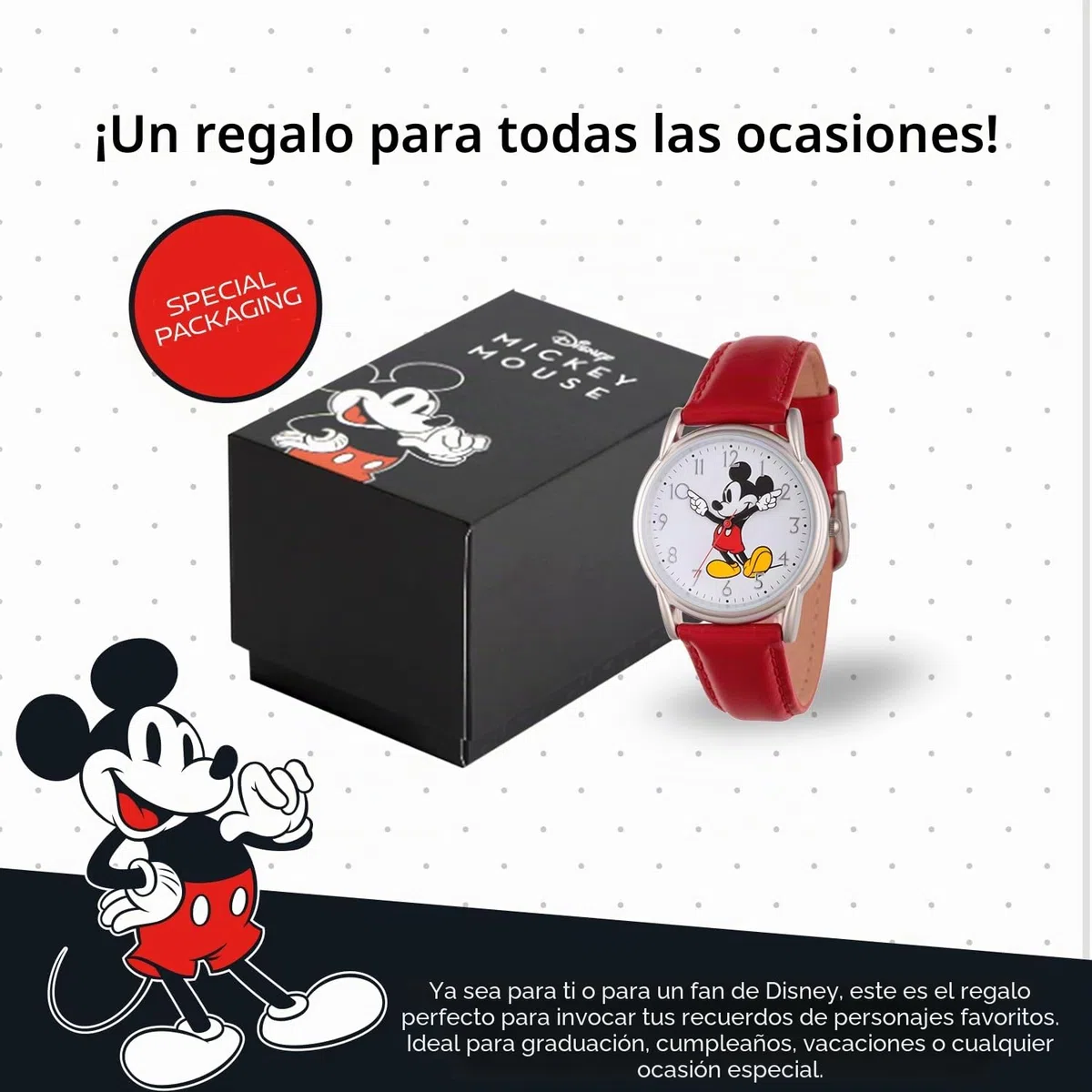 Disney Mickey Mouse - Reloj analógico de cuarzo con correa de piel y manecillas articuladas para adultos