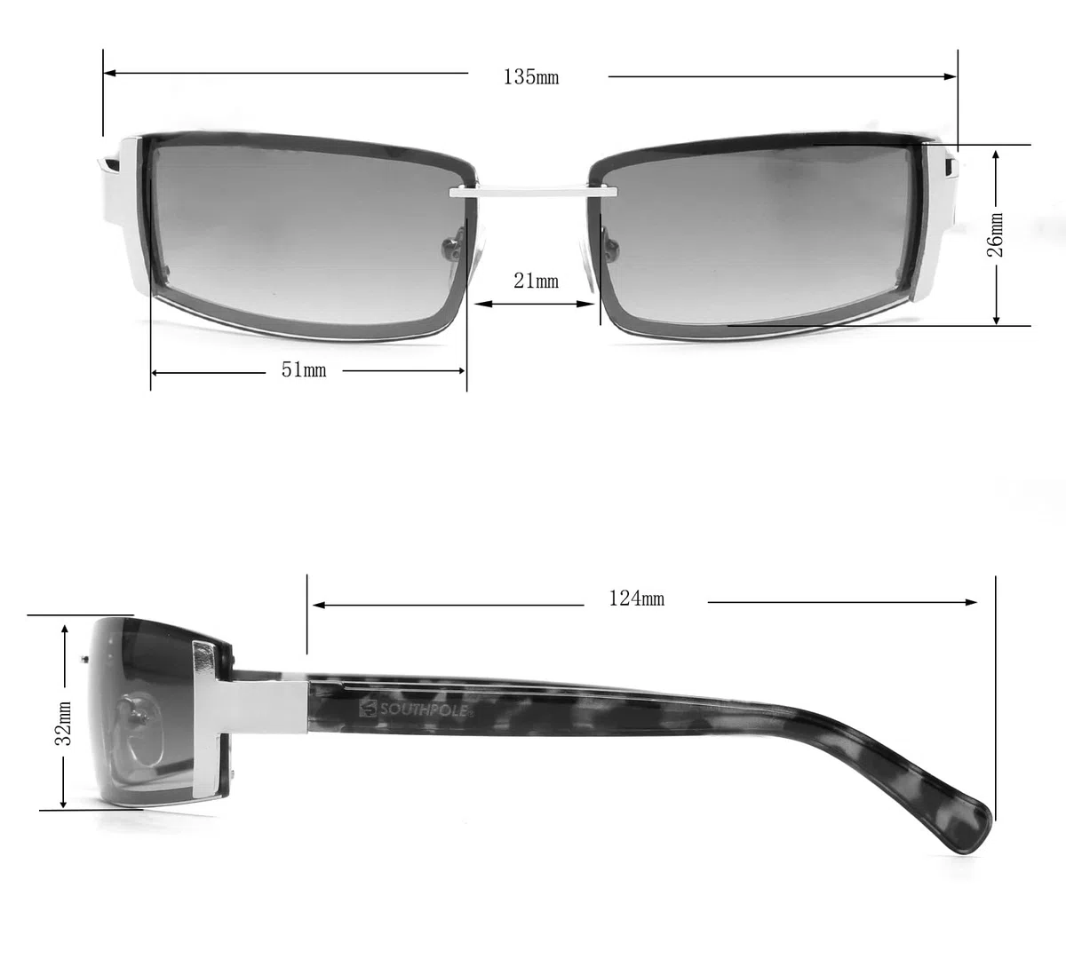 Southpole Gafas de sol rectangulares de metal retro delgadas para hombre