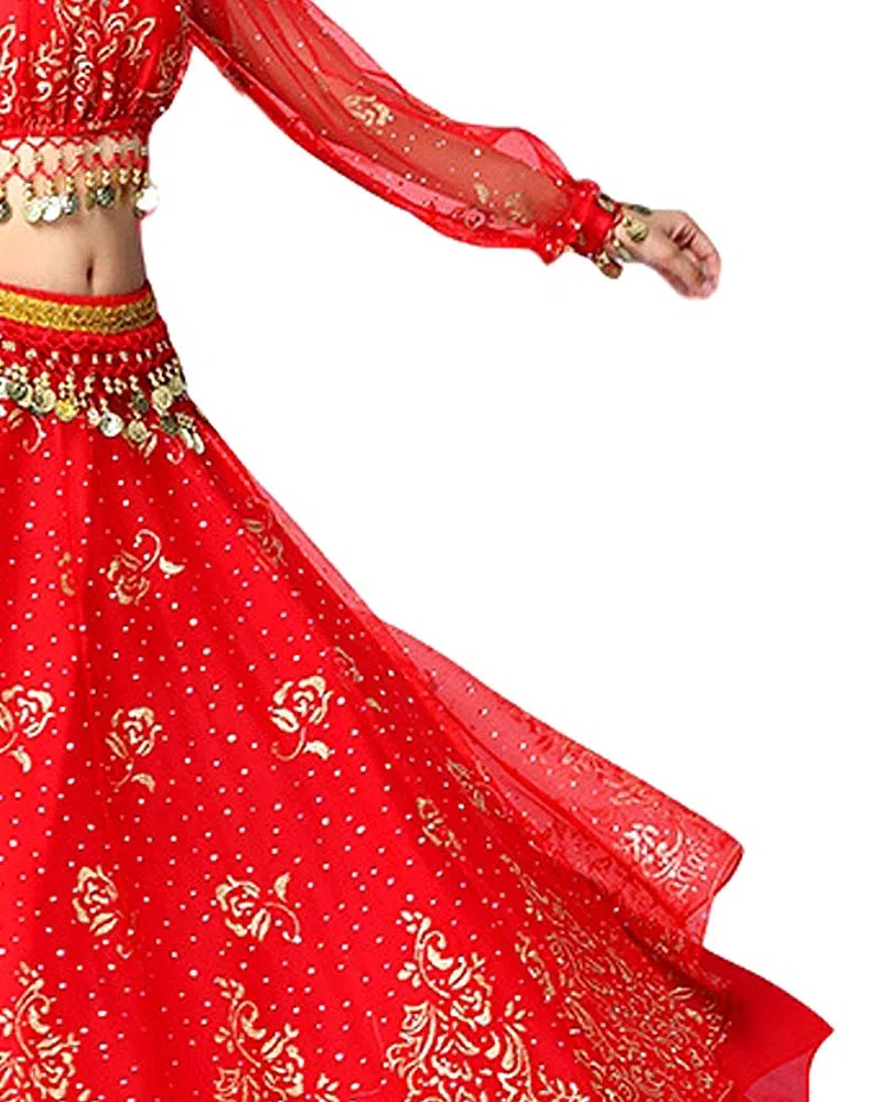 Bollywood Indio para Mujer de Manga Larga Anarkali Lehenga Choli Saree Vestido Rojo árabe Princesa Danza del Vientre Falda Trajes Traje (Rojo, 150-170 cm, 45-70 kg)
