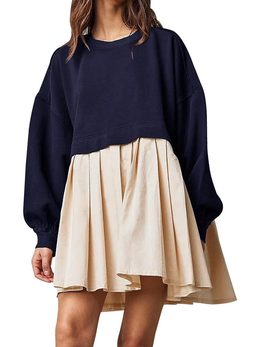 Dokuritu Vestido tipo sudadera para mujer, cuello redondo, manga larga, con retazos, sin botones, con vuelo, de gran tamaño, mini vestido