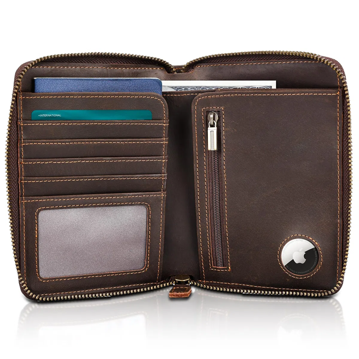 Polare - Cartera de Viaje de Piel Completa con Cremallera YKK y Bloqueo RFID para 2 pasaportes, marrón Oscuro con Ranura AirTag, Vintage