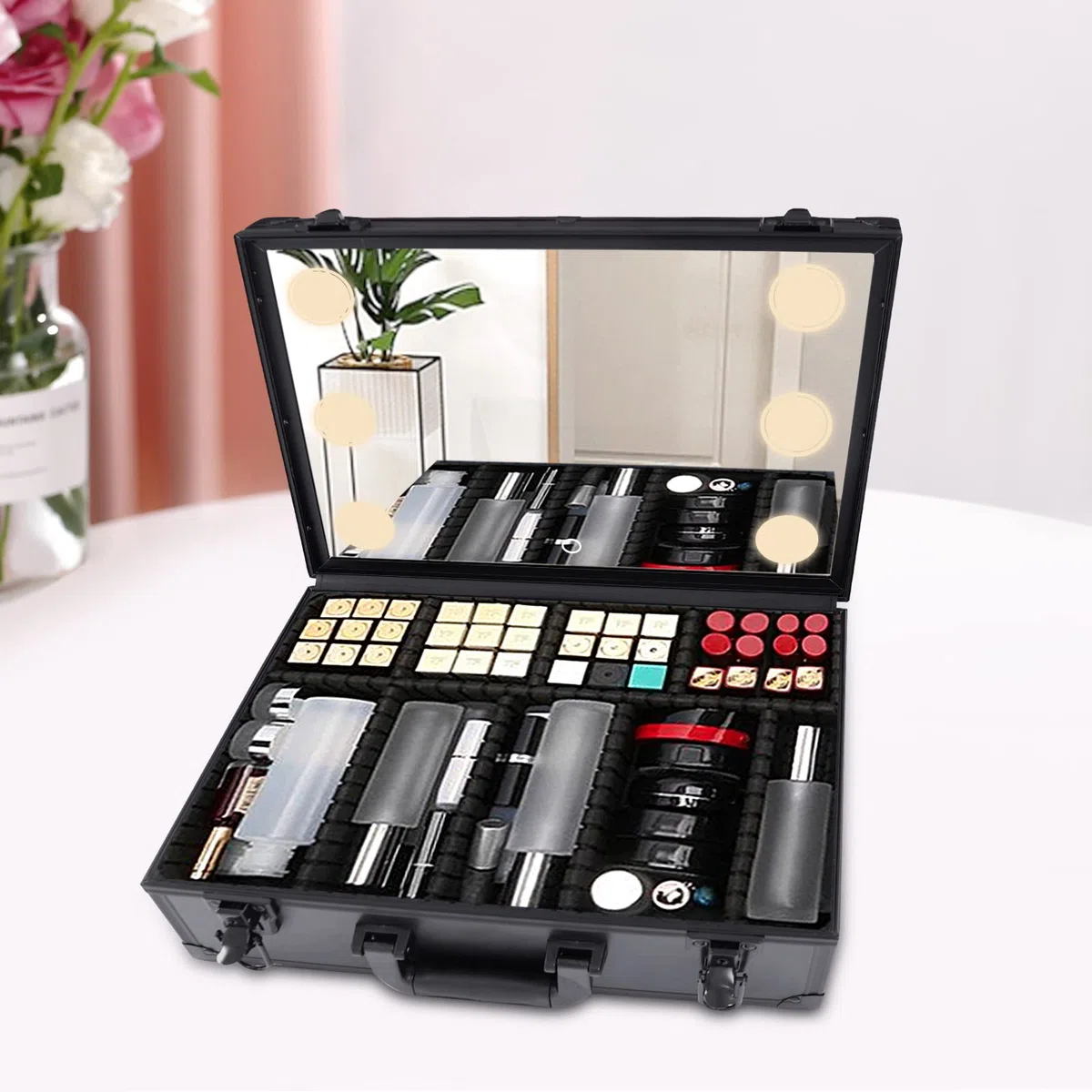 Neceser de cosméticos de 42 x 30 x 15 cm con espejo iluminado, brillo ajustable en 3 escenarios de color, bolsa de maquillaje, bolsa de maquillaje, maletín de viaje, maletín de maquillaje