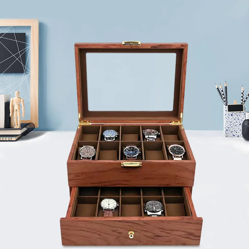 Caja para relojes con 20 compartimentos, caja de madera con tapa transparente, 29 x 21,5 x 16 cm, joyero para niñas, para relojes y joyas, regalo