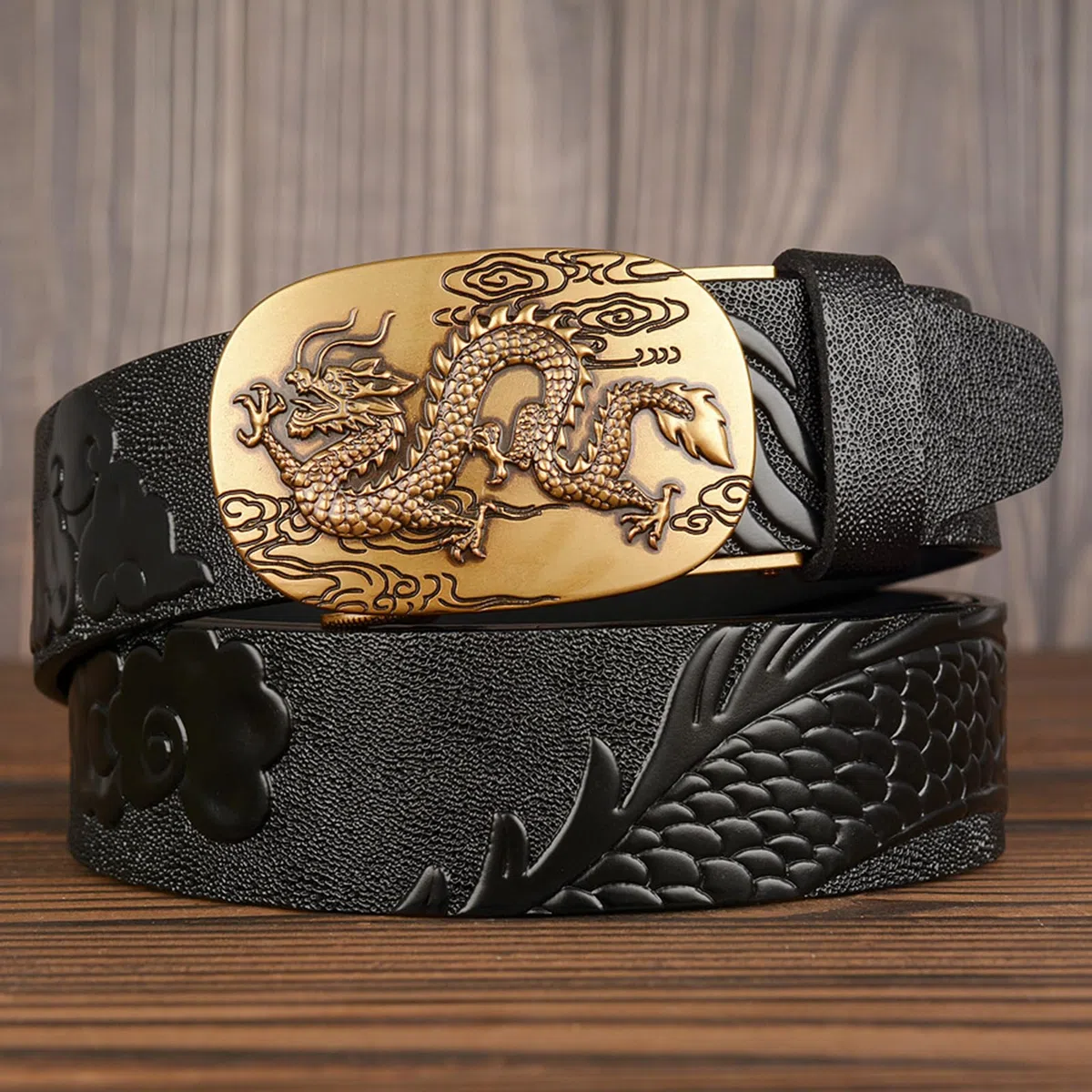 Cinturón De Trinquete para Hombre Hebilla Automática Deslizante Dragon Cinturones De Dragón Tallado En Relieve Longitud 110-130cm Correas De Cuero De Vaca(130cm/51, Black)
