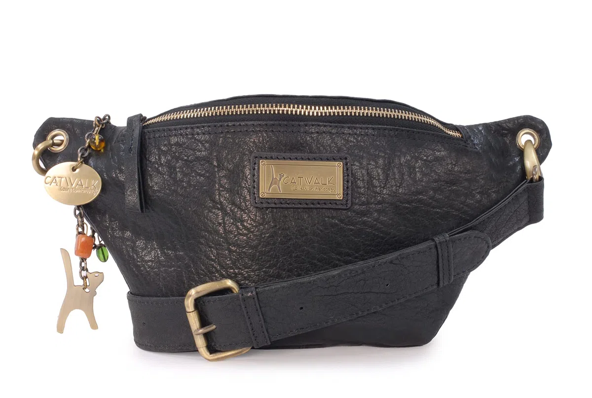 Catwalk Collection Handbags - Riñonera Mediana de Piel para Mujer - Bolso de Cintura para Festival o Viaje - con Cinturón Ajustable - Ariana - Negro