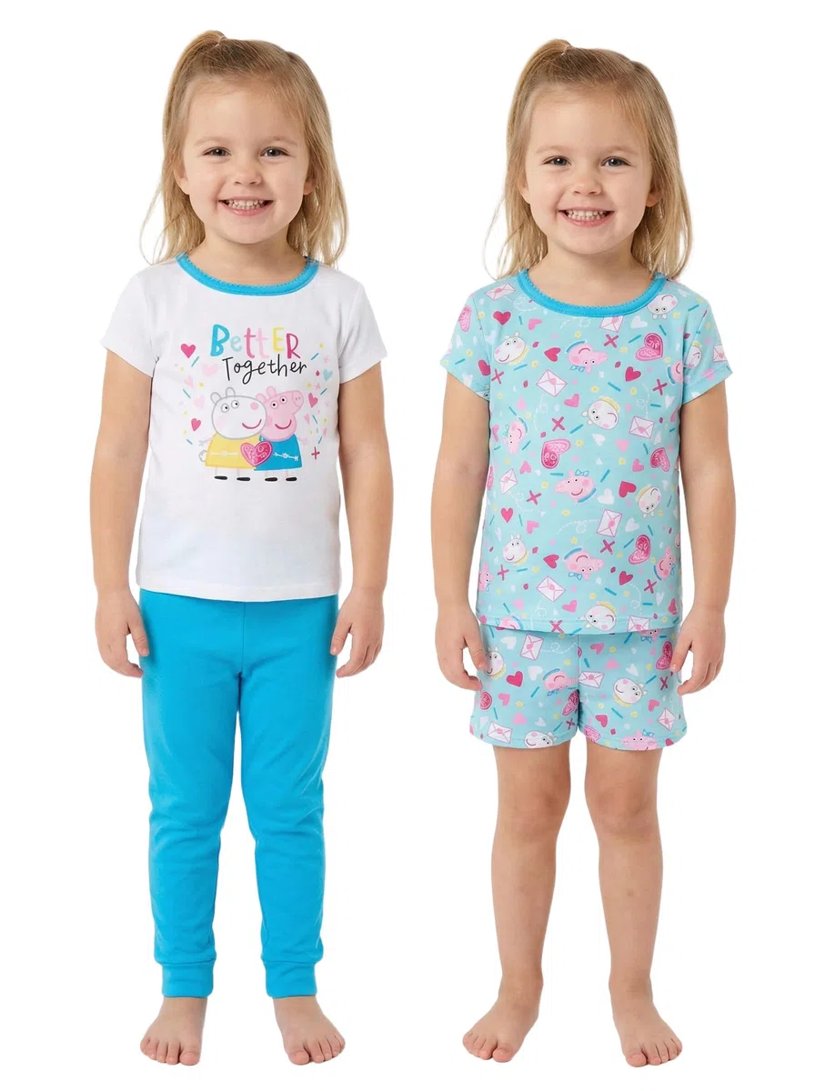 Peppa Pig Girls' Toddler 4 Piece Cotton Pajama Set, Better Together, Size 2T