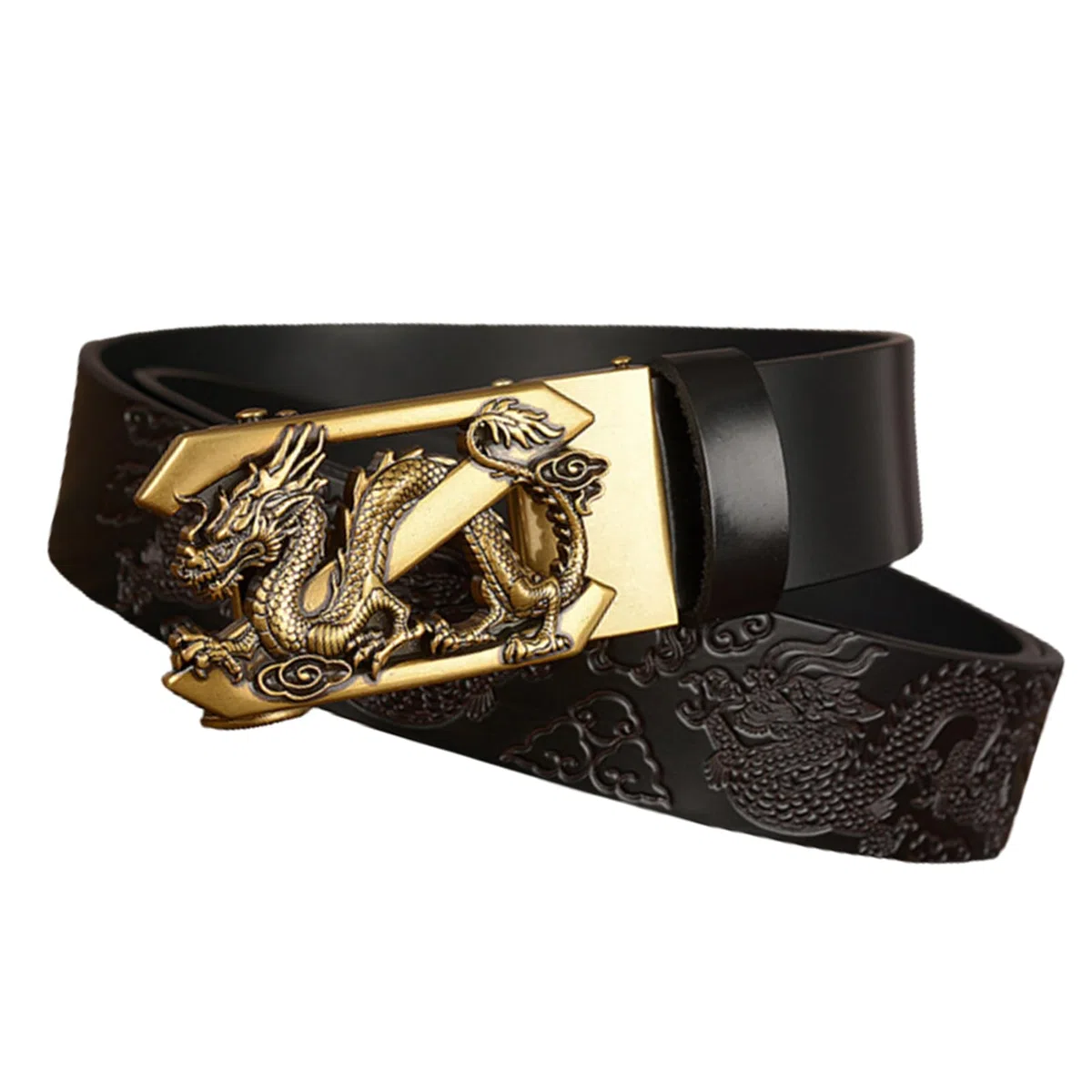 Cinturón De Trinquete Deslizante Con Relieve Dragón Dorado, Correa Cintura Cuero Hebilla Automática Ajustable (cintura 120 Cm/40 "-42", Café)