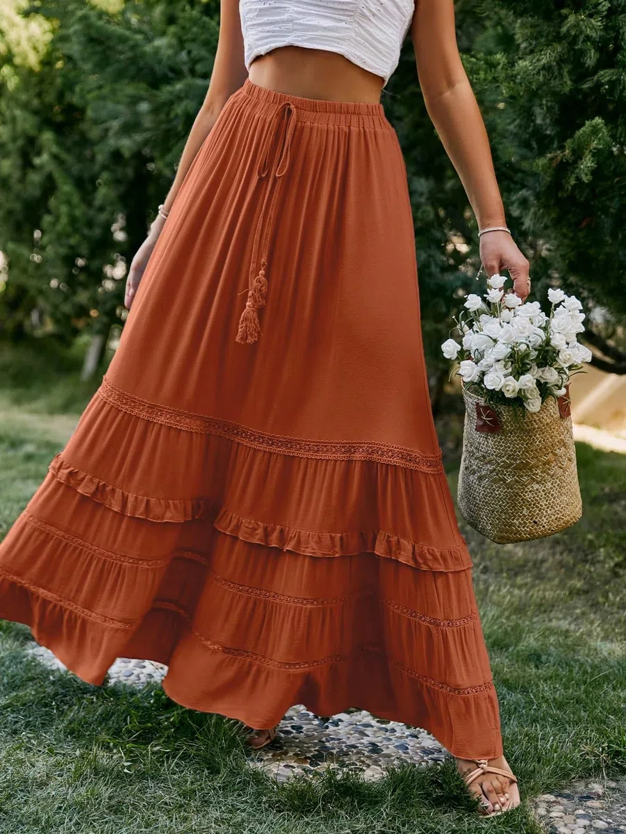 Faldas largas de mujer Solid Color Ruffle Trim Tie Waist Long Skirt Ruffle Hem falda del club
