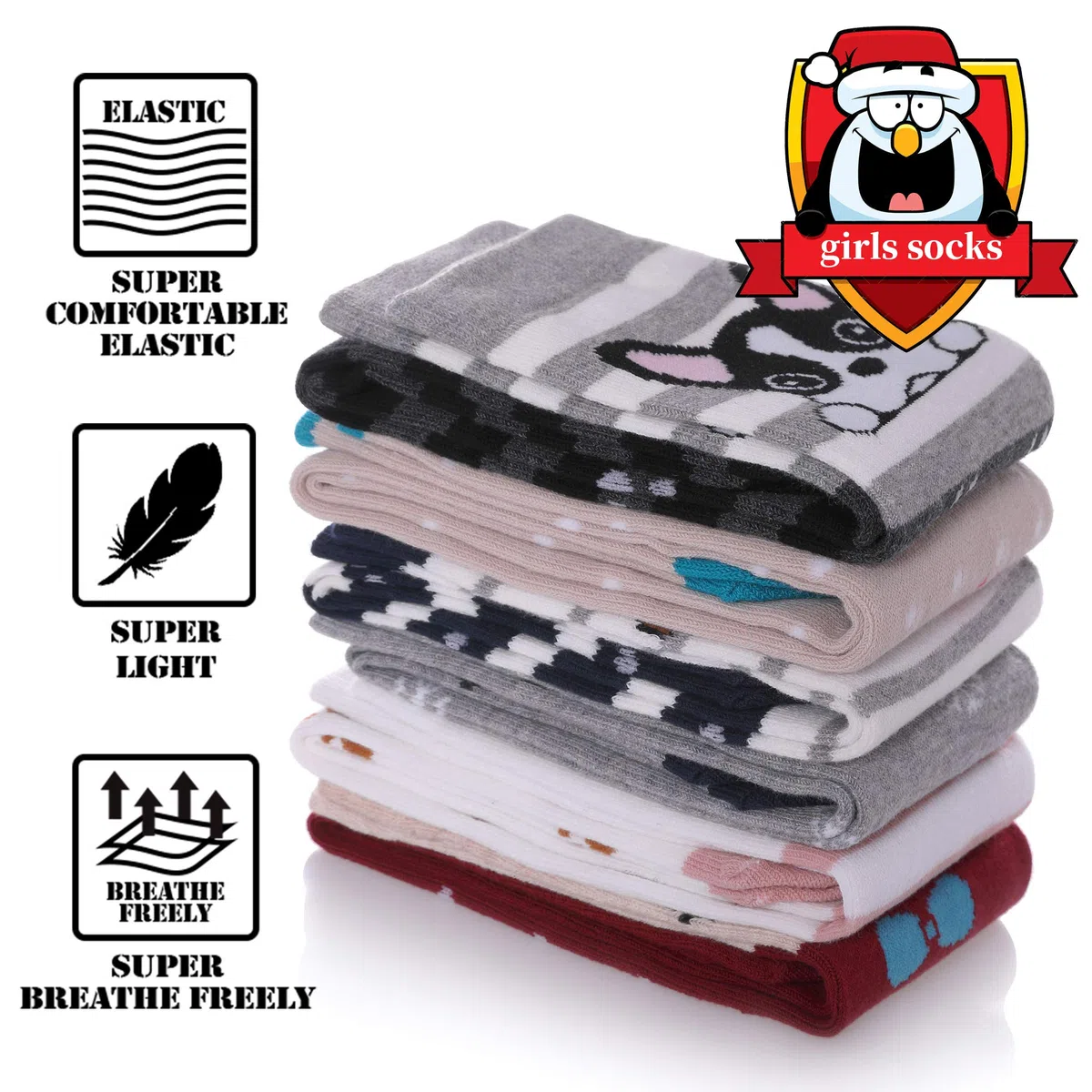 FNOVCO Calcetines largos de algodón hasta la rodilla para niñas, regalo divertido y divertido con bonitos patrones de animales, 6 pares