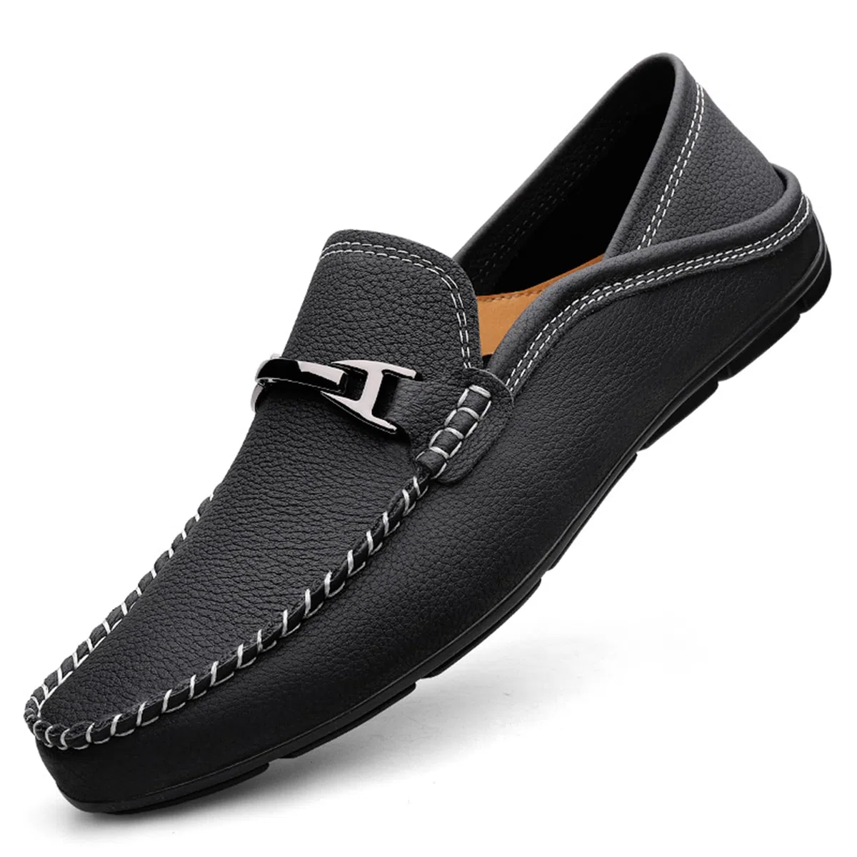 Mocasines casuales de piel auténtica para hombre, mocasines de vestir para uso diario, Black, 45 1/3 EU