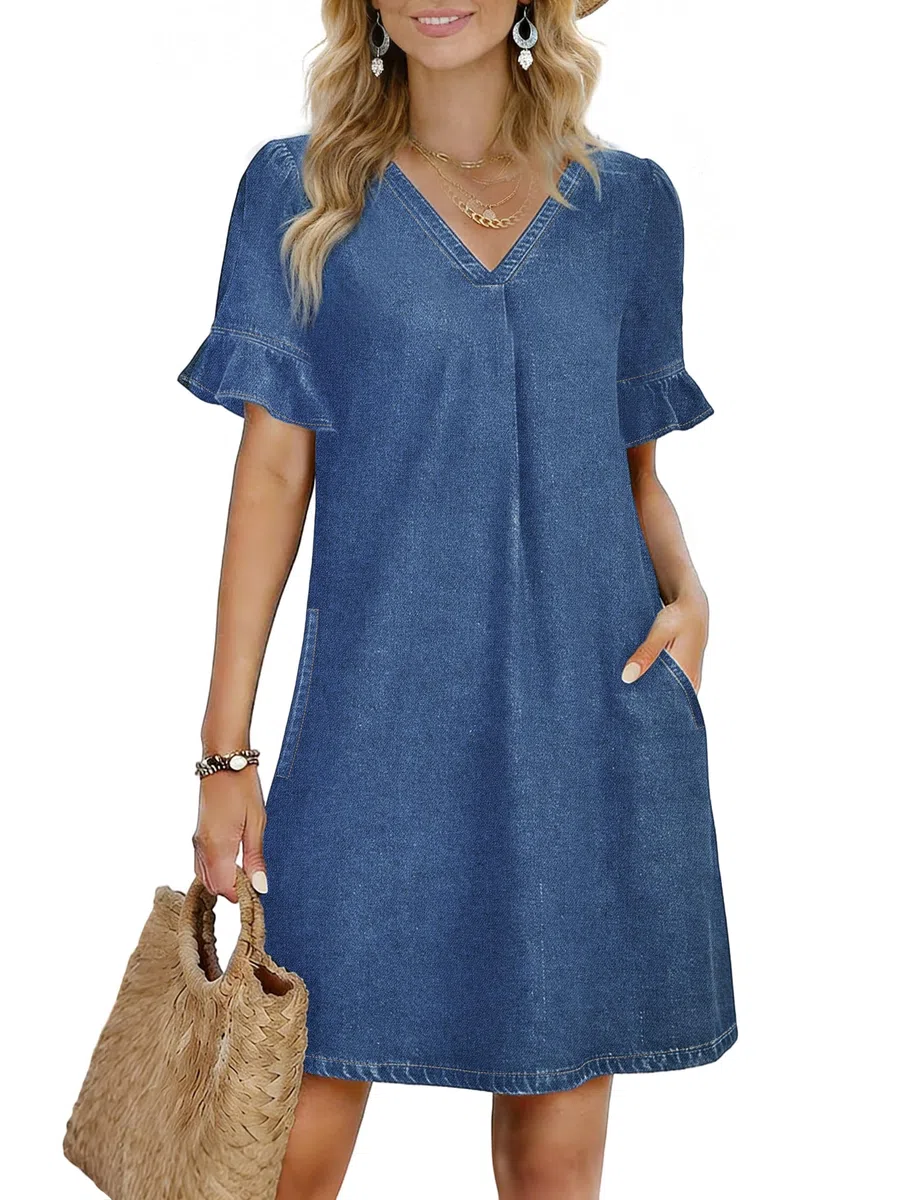 Fengbay Vestido blusa vaquero para mujer, largo hasta la rodilla, vestido de verano, cuello en V, informal, elegante, vestido camisero, vestido recto con bolsillos