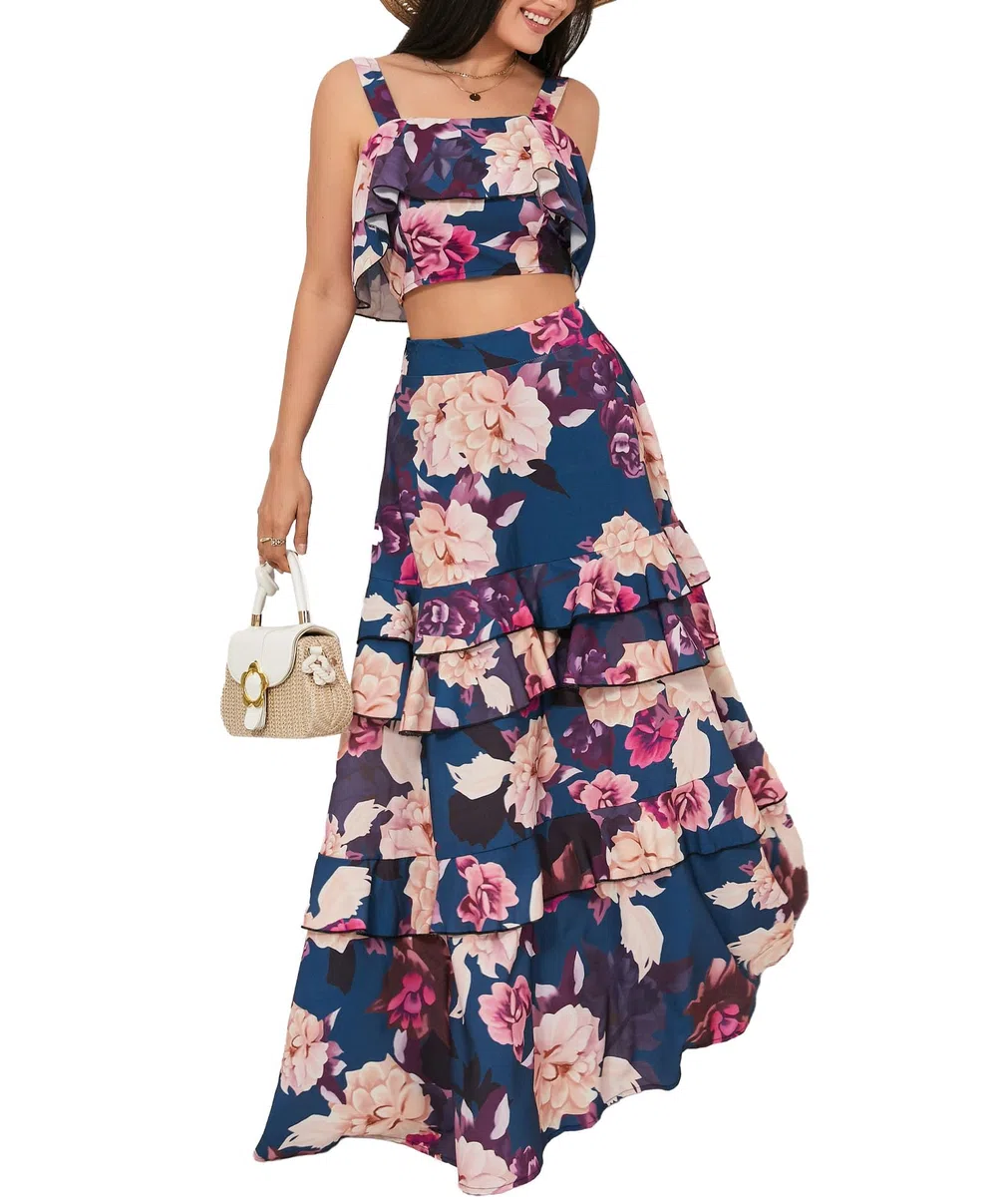 SOMTHRON Conjunto de 2 piezas de verano para mujer, vestido largo con estampado floral y falda con volantes escalonados