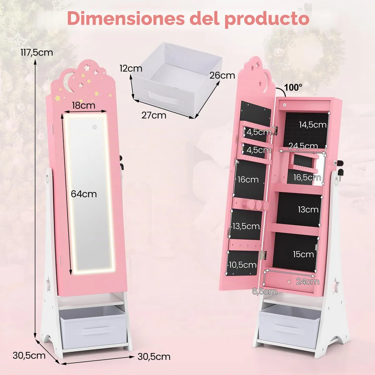 COSTWAY Armario para Joyas Infantil con Luces, Armario Joyero de Pie para Niñas con Espejo de Cuerpo Entero, 4 Luces con Sensor, Espejo Joyero para Princesas para Dormitorio Sala de Juegos (Rosa)