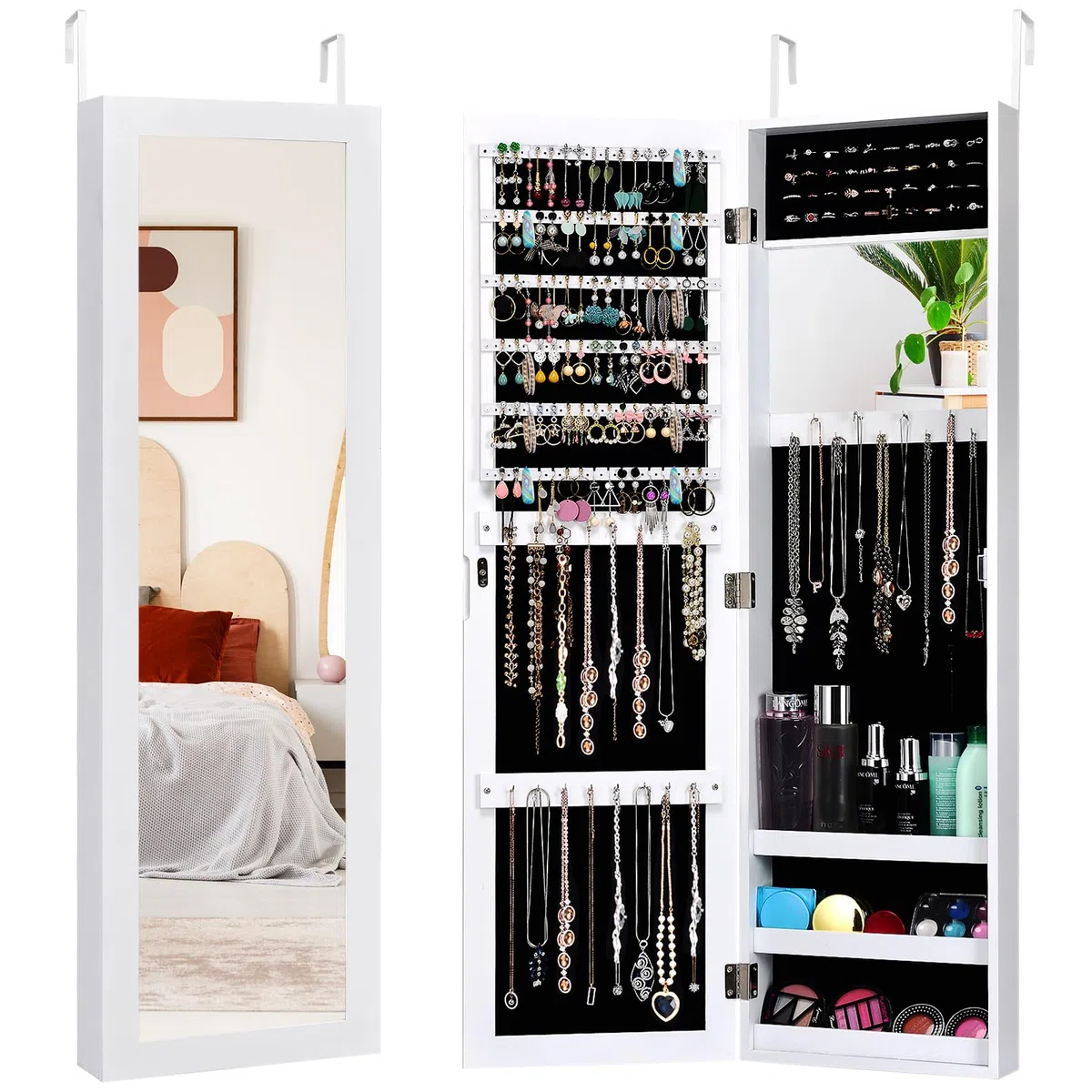 HOMASIS Espejo Joyero de Pared o Puerta Gabinete de Joyería con Espejo de Figura Completa Espejo Joyero con 2 Espejos para Maquillaje, Organizador de Joyería, Blanco,TF10821GRDE-HS