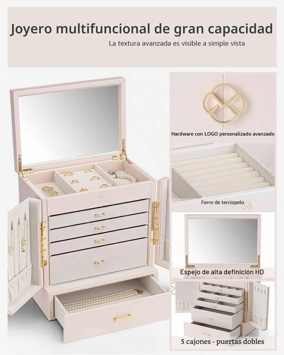 Vlando Joyero para mujer, organizador de joyas con 5 dibujos, cajas de joyería de piel sintética para mujeres y niñas, collar y anillos, caja de almacenamiento color blanco albaricoque