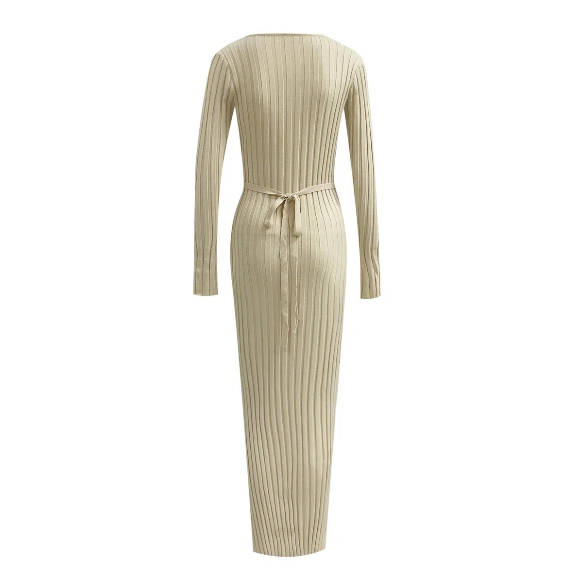 Elegante vestido largo de punto con cuello alto, estructura acanalada, diseño entallado, adelgazante, casual, con ajuste en la cintura