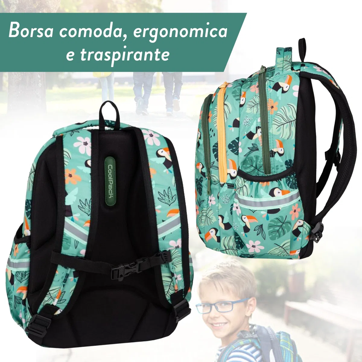 COIL Mochila 3W1 Toucan Escolar Niño clase 1-3 3 compartimentos, mochila, estuche, bolsa de zapatos, 21 litros, carbón, Equipo escolar