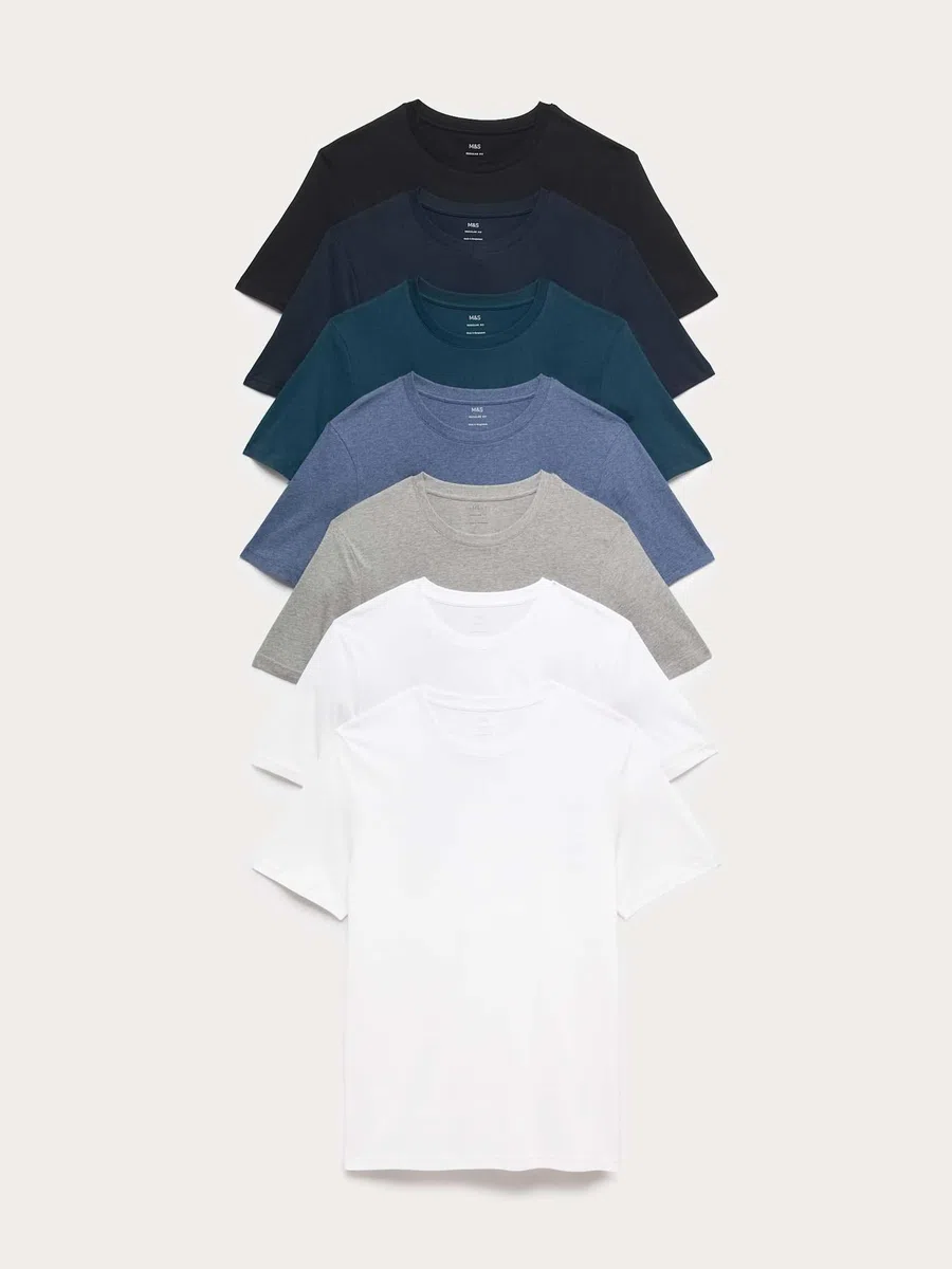 Marks & Spencer Pack de 7 Camisetas Puro algodón con Escote Cerrado
