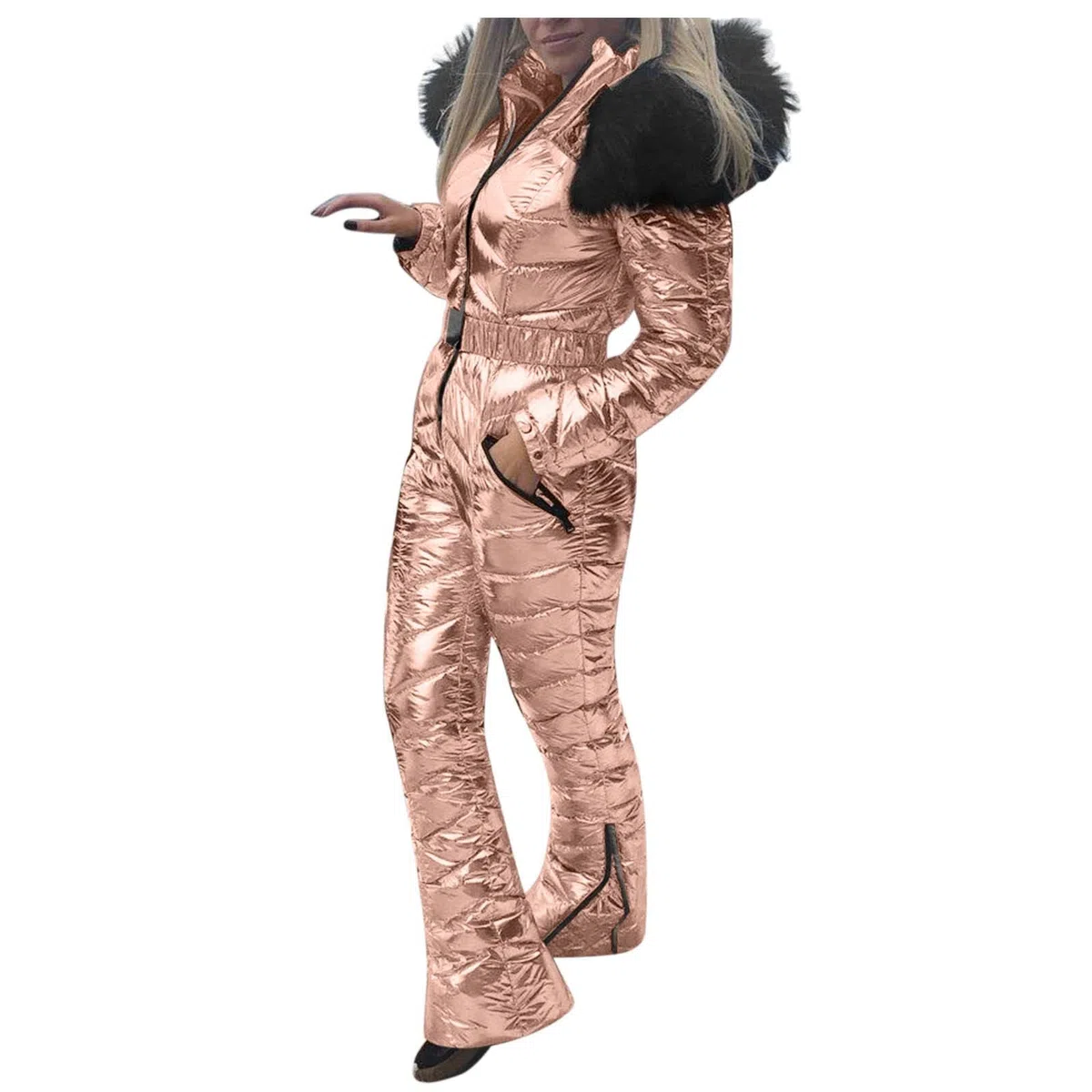 Traje de esquí metálico brillante para mujer, overol de nieve de invierno de alto brillo con capucha de piel sintética desmontable, equipo de esquí impermeable y resistente al viento, traje de esquí