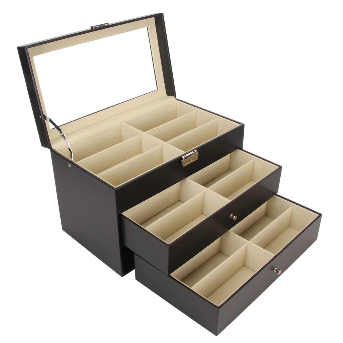mingzhe Organizador de Gafas de Sol Caja Almacenamiento Anteojos 18 Ranuras Vitrina Soporte para Gafas 3 Capas con Cierre Metal para Tocador Tienda Fibra Carbono