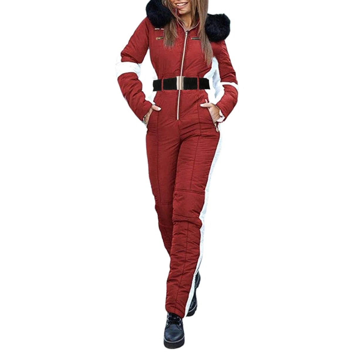Traje de nieve para mujer de invierno – Traje de esquí mono de esquí de una sola pieza para esquiar conjuntos de esquí al aire libre mono de nieve con capucha cremallera resistente al viento