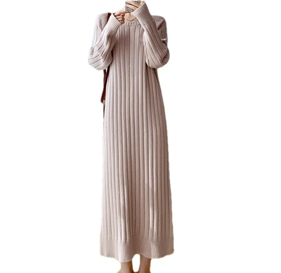 Vestido largo simple de punto suelto para mujer, cuello redondo, casual, recto, cálido, vestidos de jersey