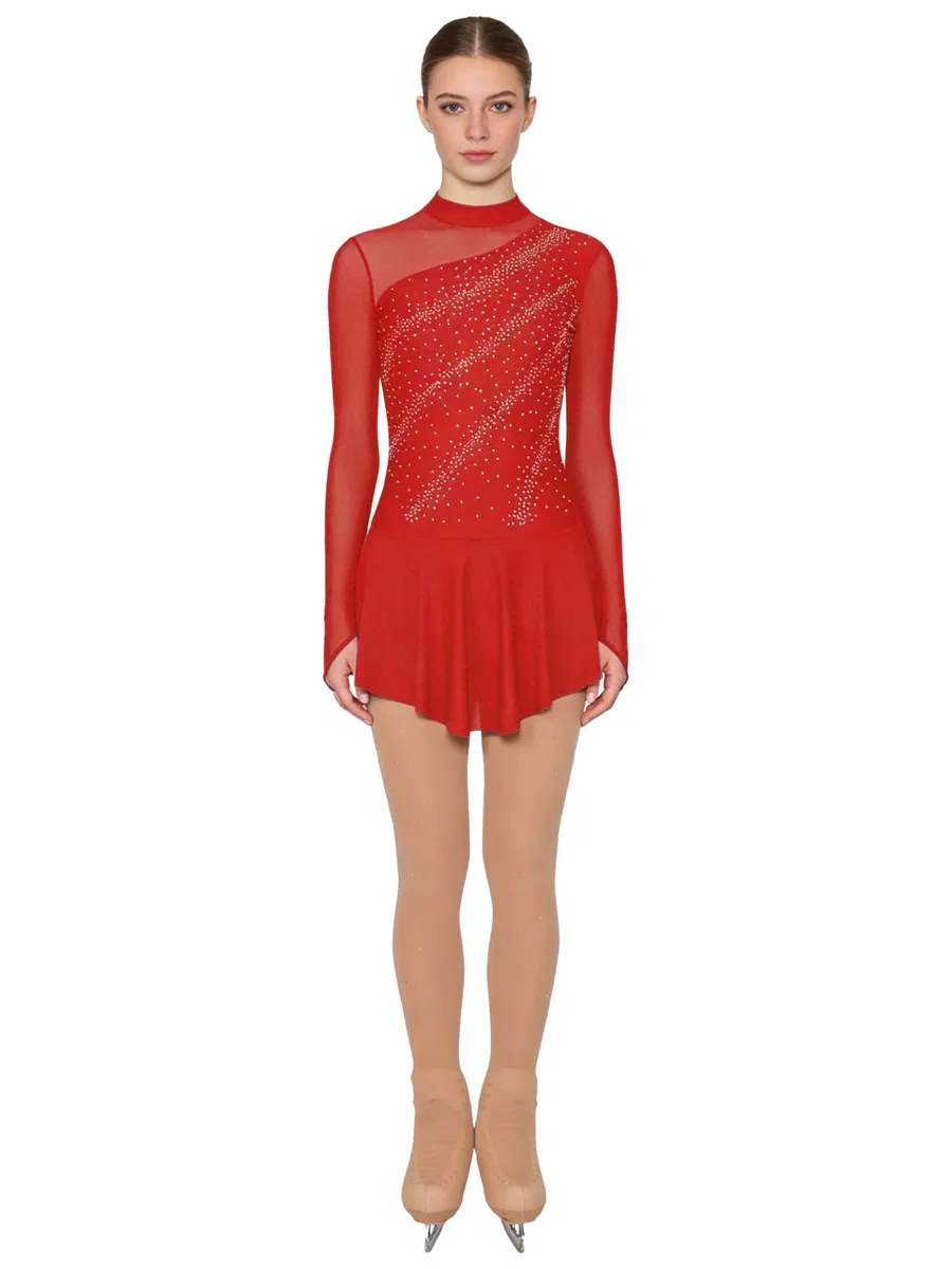 Jugaoge Vestido de mujer de manga larga para patinaje artístico, malla brillante, empalme, traje de gimnasia con falda tutú + ballet danza medias de competición