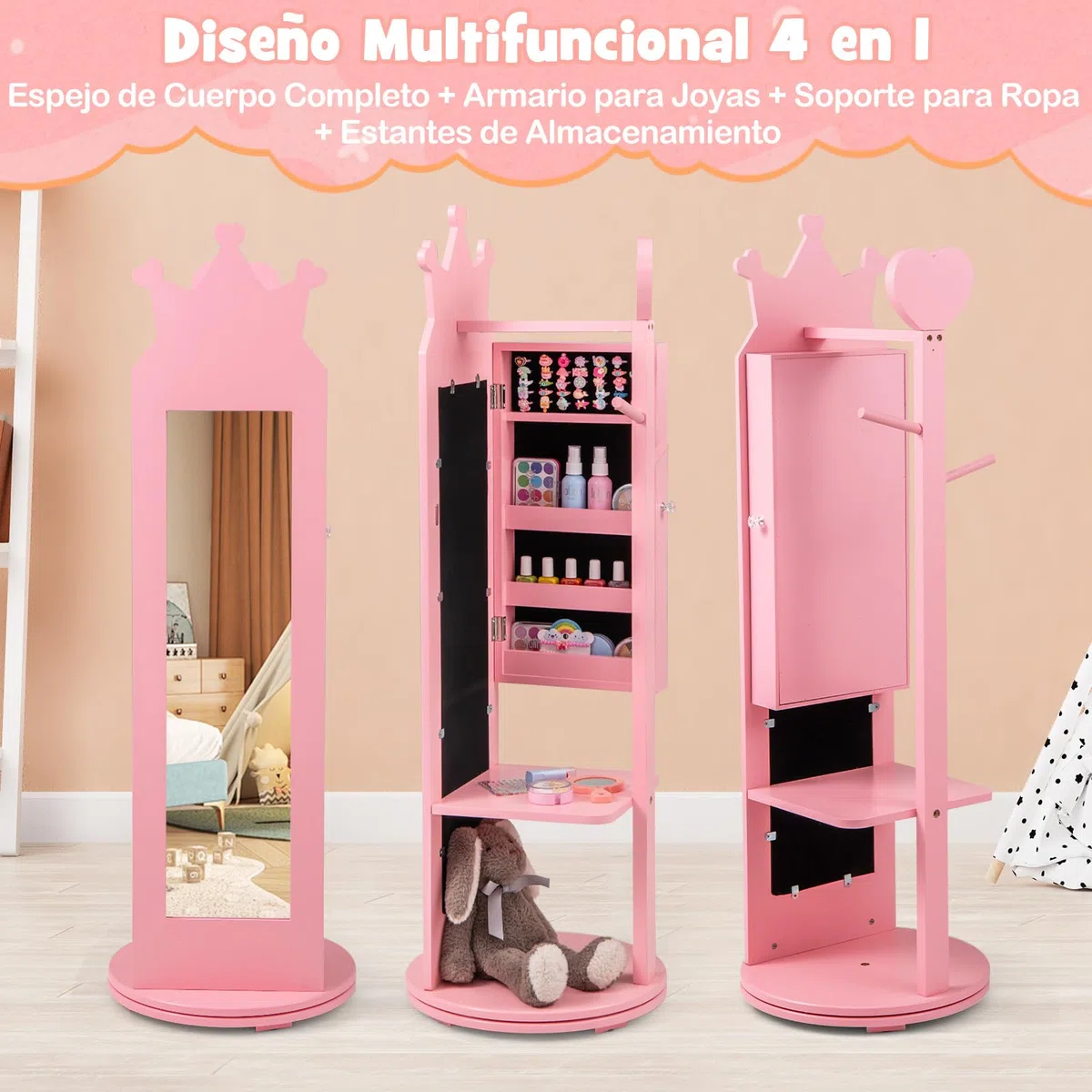 COSTWAY Armario de Joyería para Niñas, Espejo Joyero de Cuerpo Entero de Pie con Base Giratoria y Gran Capacidad de Almacenamiento, Armario para Joyas con Espejo y Perchero (Rosa)