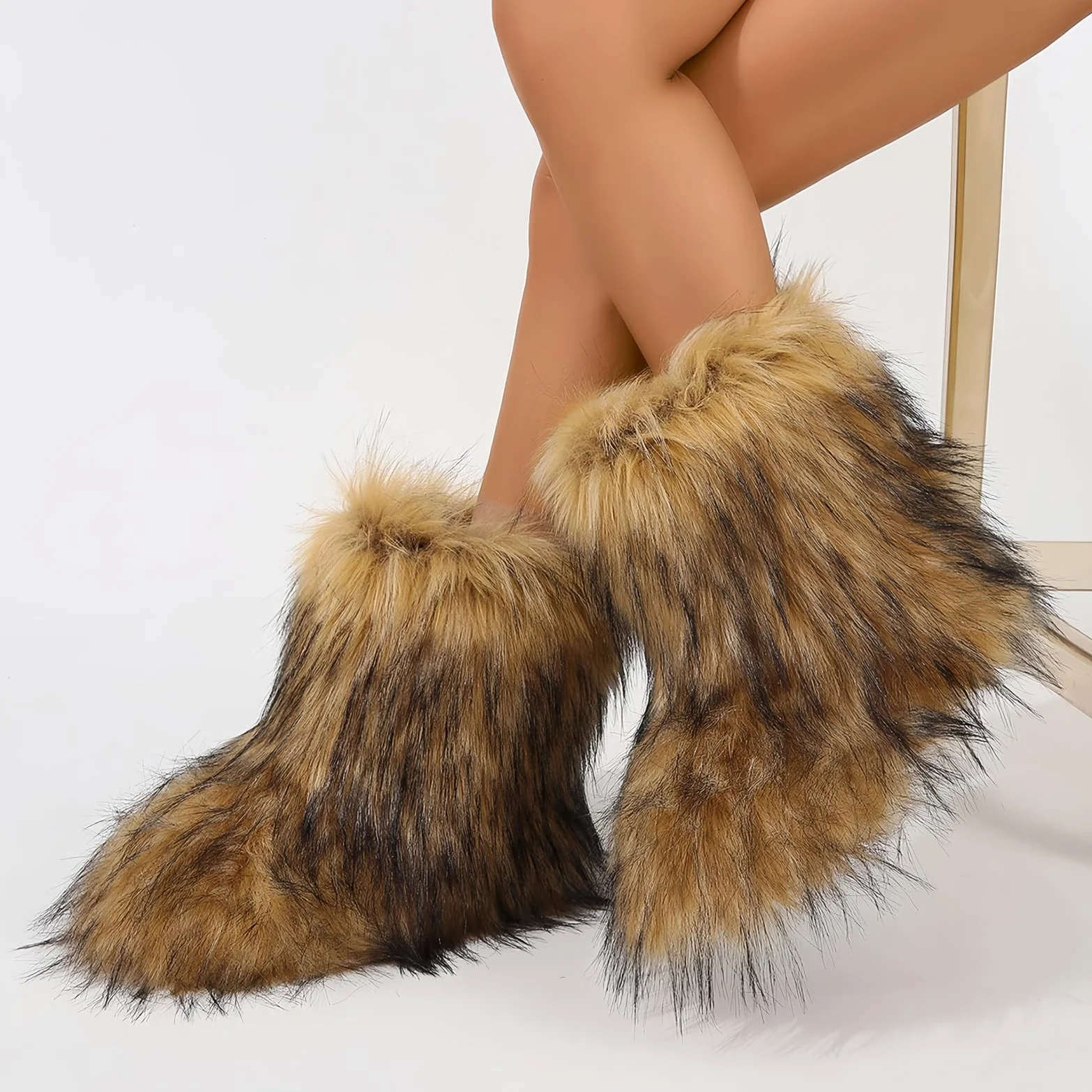 Furry Faux Fur Botas de nieve de invierno fuzzy zapatos peludos de las mujeres gamuza caliente medio ternera cómodas botas de moda planas al aire libre