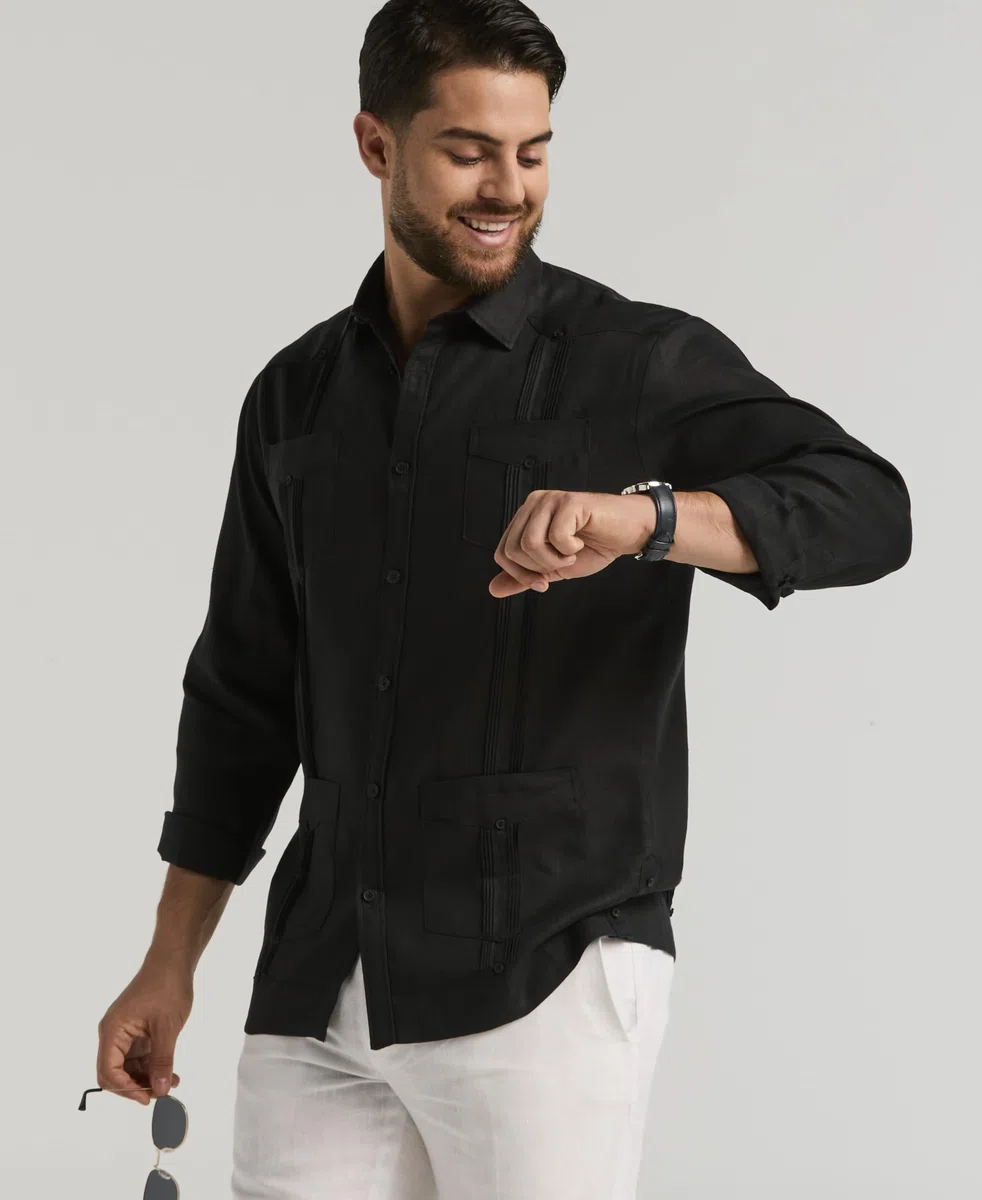 Cubavera 100% Linen Four-Pocket Long Sleeve Button-Down Guayabera Shirt (Available In Big & Tall) Camisa Abotonada Hombre (Pack de 1)