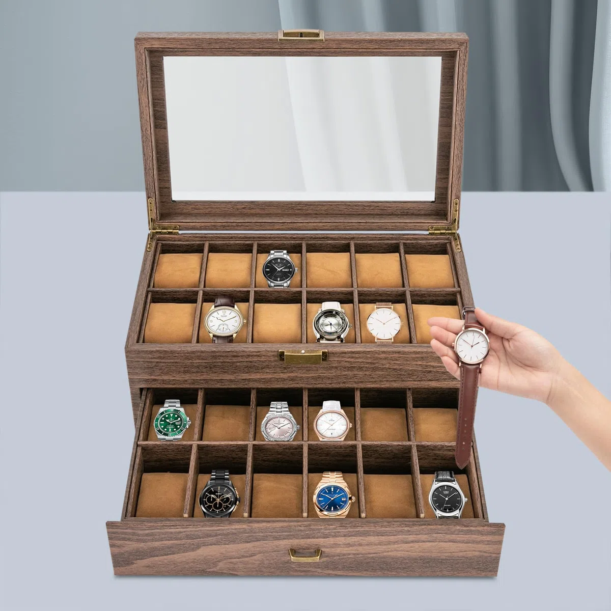 Caja de relojes con 24 compartimentos, estuche para relojes para hombres y mujeres, organizador de relojes, ideal para uso personal, presentación en tienda y decoración de interiores