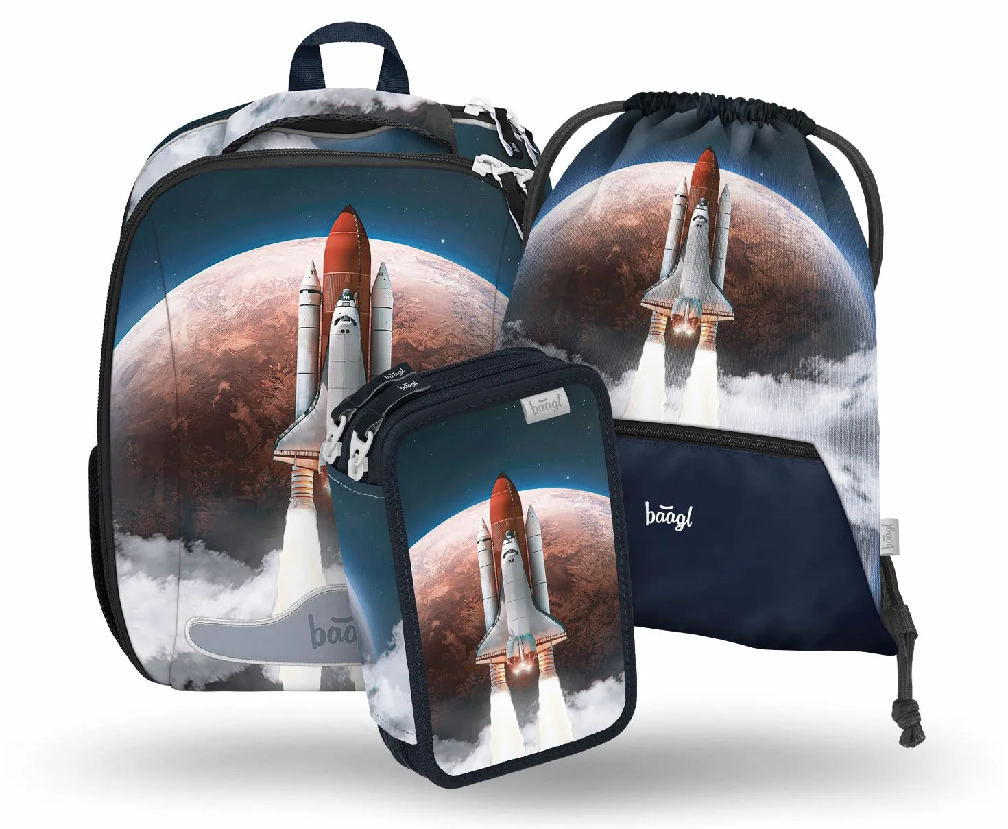 Baagl Shelly - Juego de 3 mochilas escolares para niños a partir de 1ª clase, mochila ergonómica para escuela primaria con correa para el pecho, Space Shuttle, Juego de mochila escolar