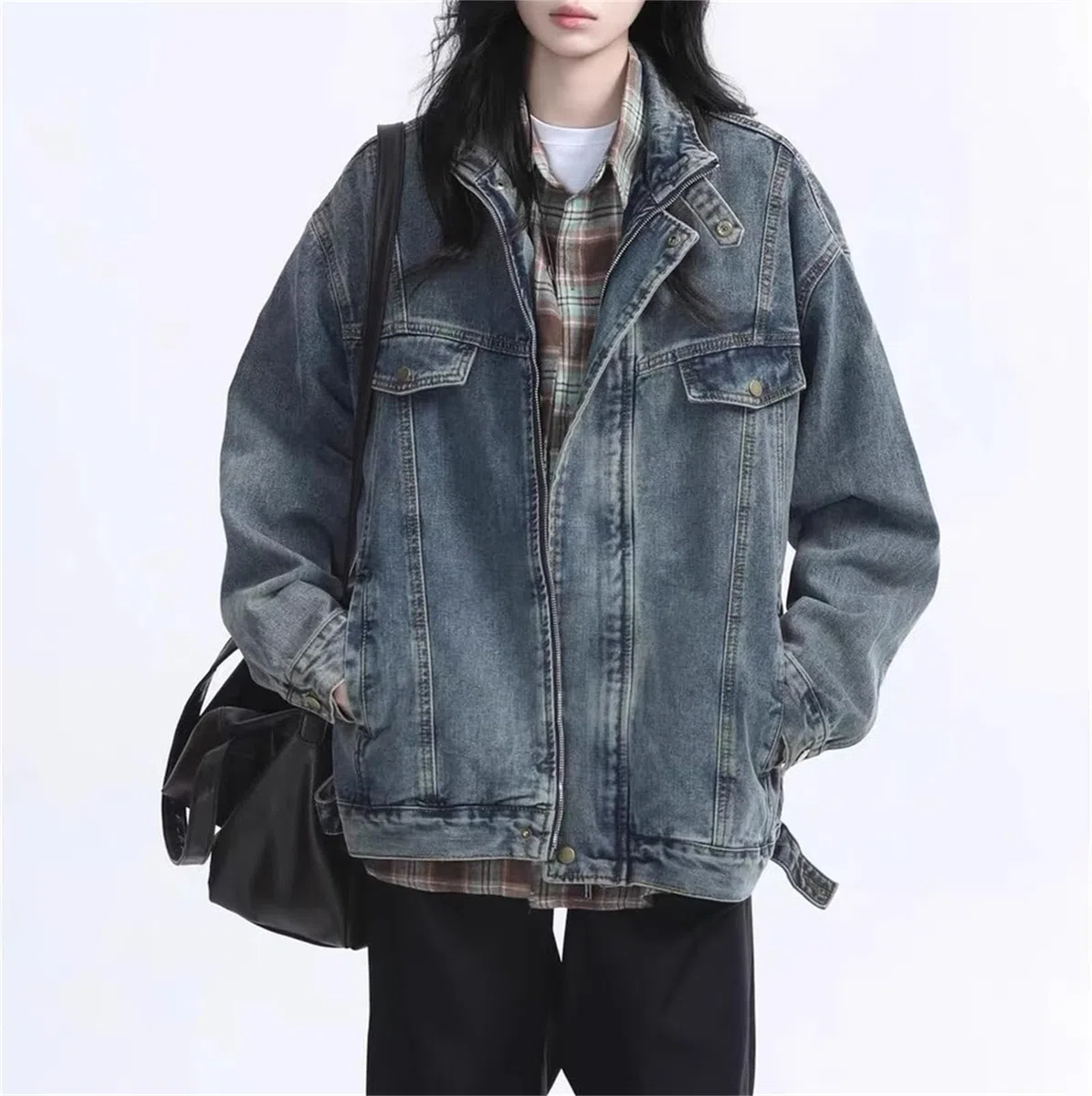 Chaqueta de mezclilla con cremallera para mujer, estilo vintage, estilo callejero, estilo camionero