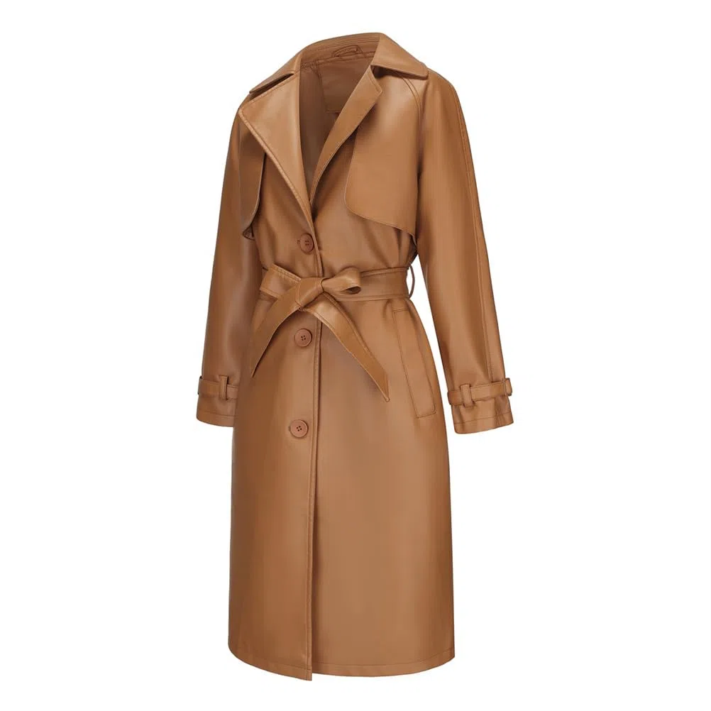 Chaqueta larga de cuero para mujer, chaqueta de piel sintética para mujer, gabardina con solapa y botón de muesca